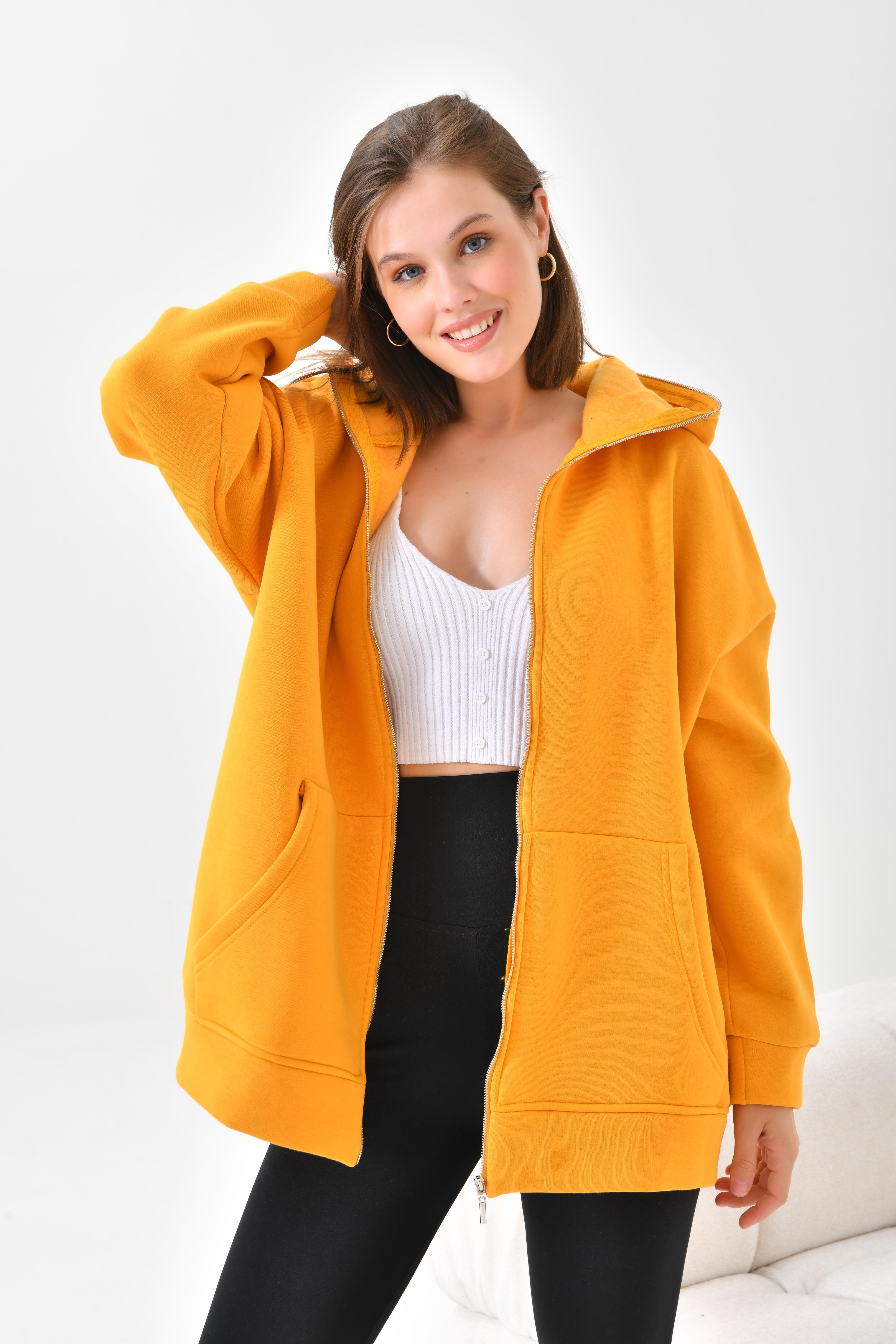 Firoy Kadın Oversize 3 İp Şardonlu Fermuarlı Sweatshırt  Hardal