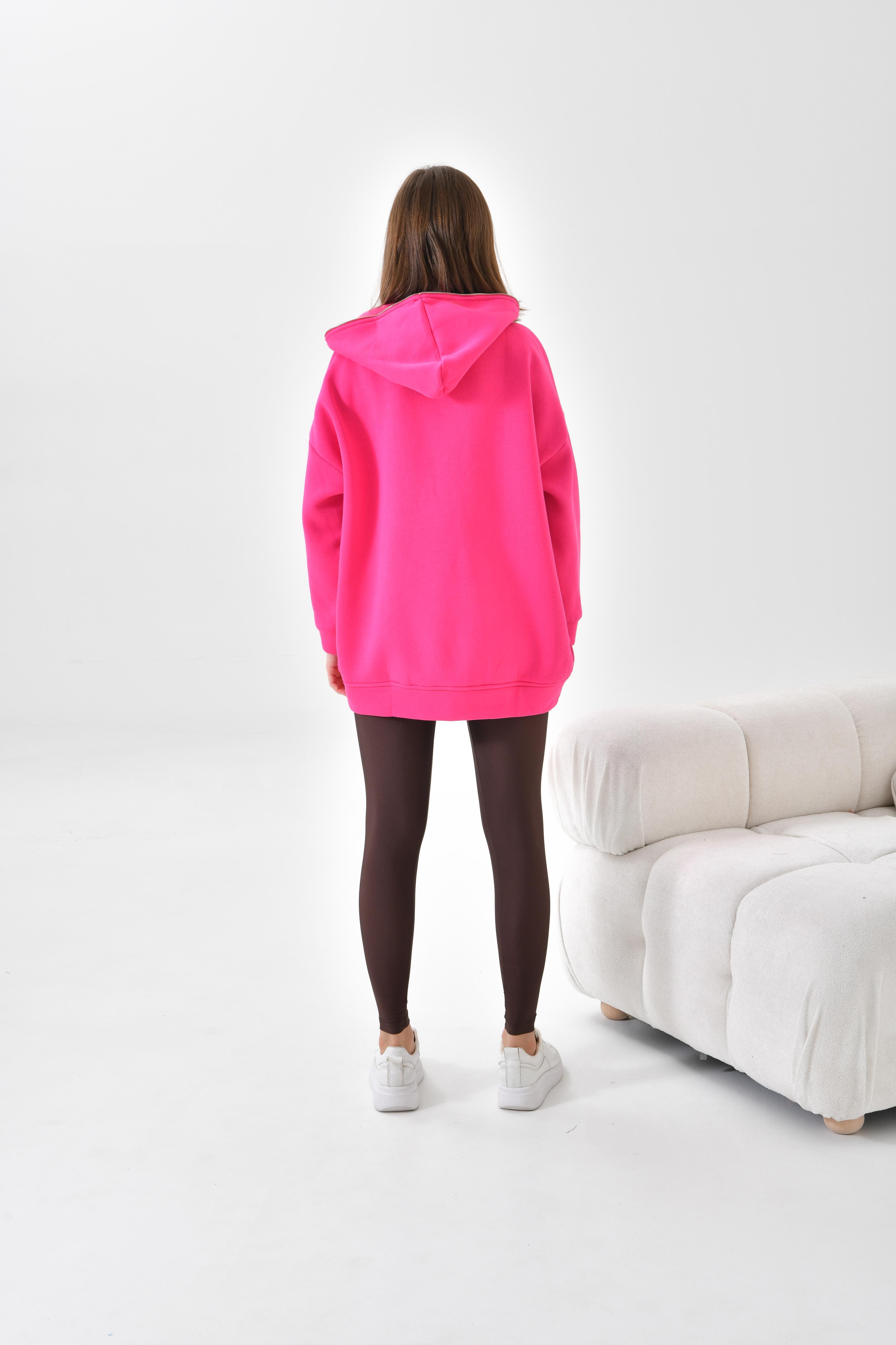 Firoy Kadın Oversize 3 İp Şardonlu Fermuarlı Sweatshırt  Fuşya