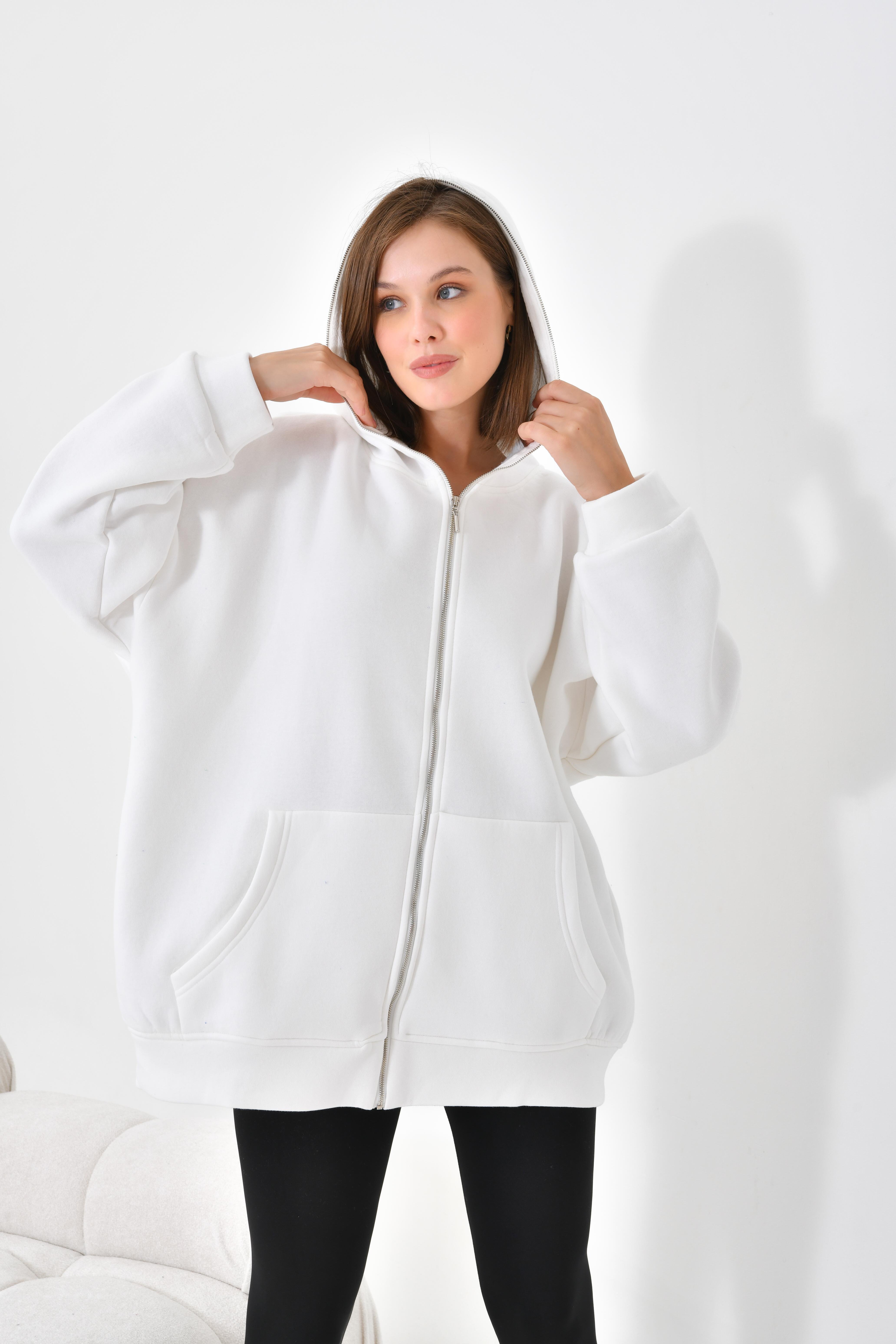 Firoy Kadın Oversize 3 İp Şardonlu Fermuarlı Sweatshırt  Ekru