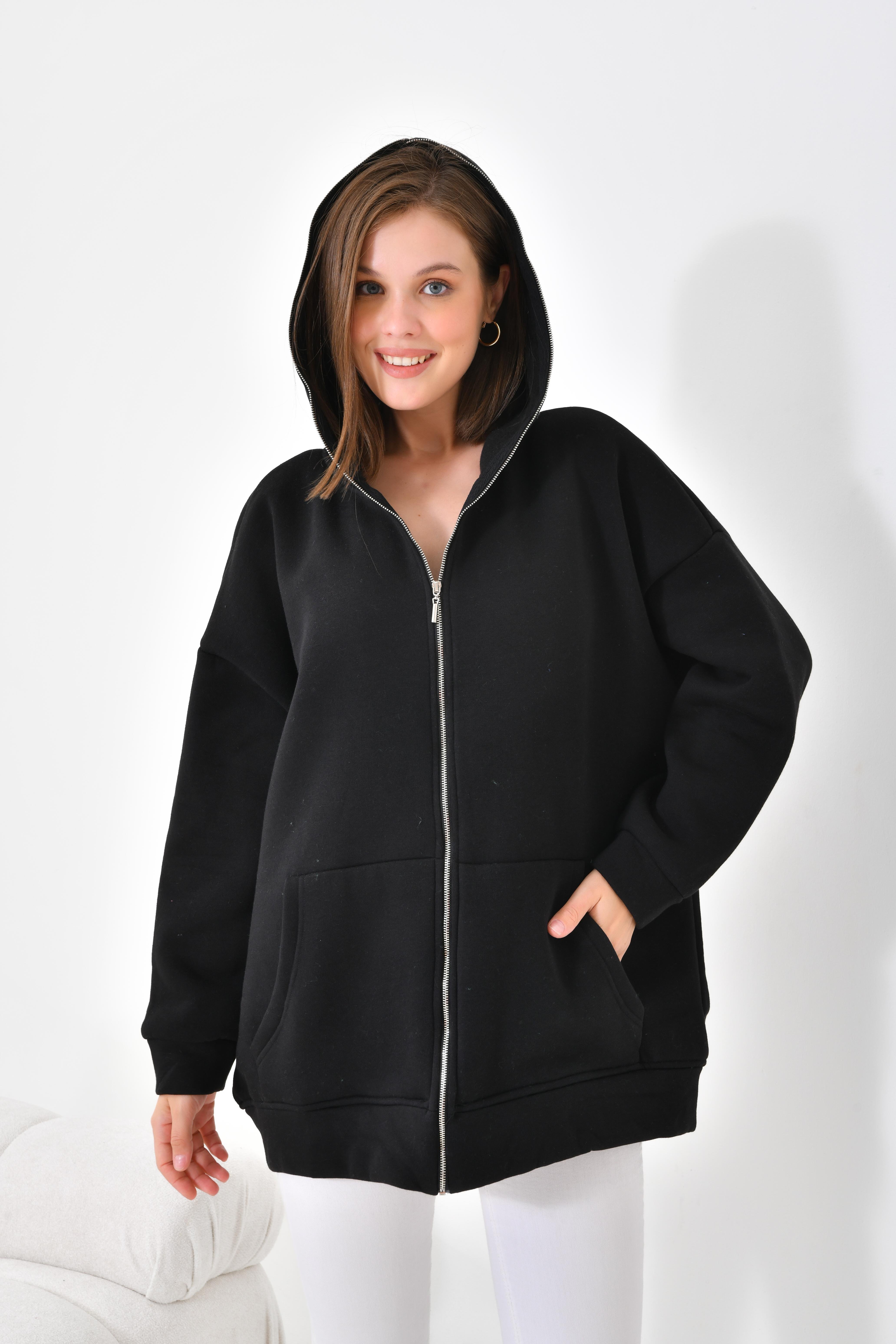 Firoy Kadın Oversize 3 İp Şardonlu Fermuarlı Sweatshırt  Siyah