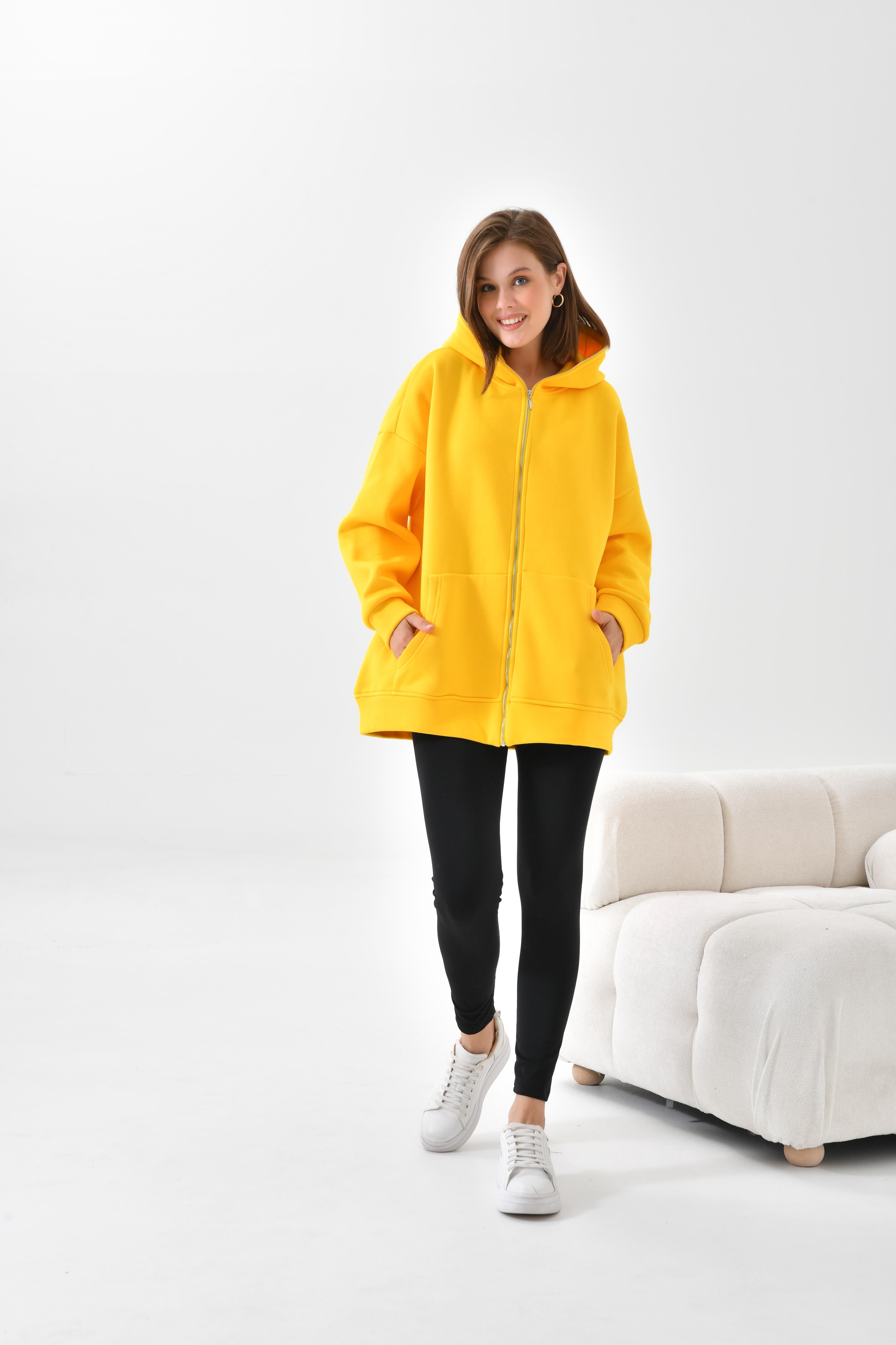 Firoy Kadın Oversize 3 İp Şardonlu Fermuarlı Sweatshırt  Sarı