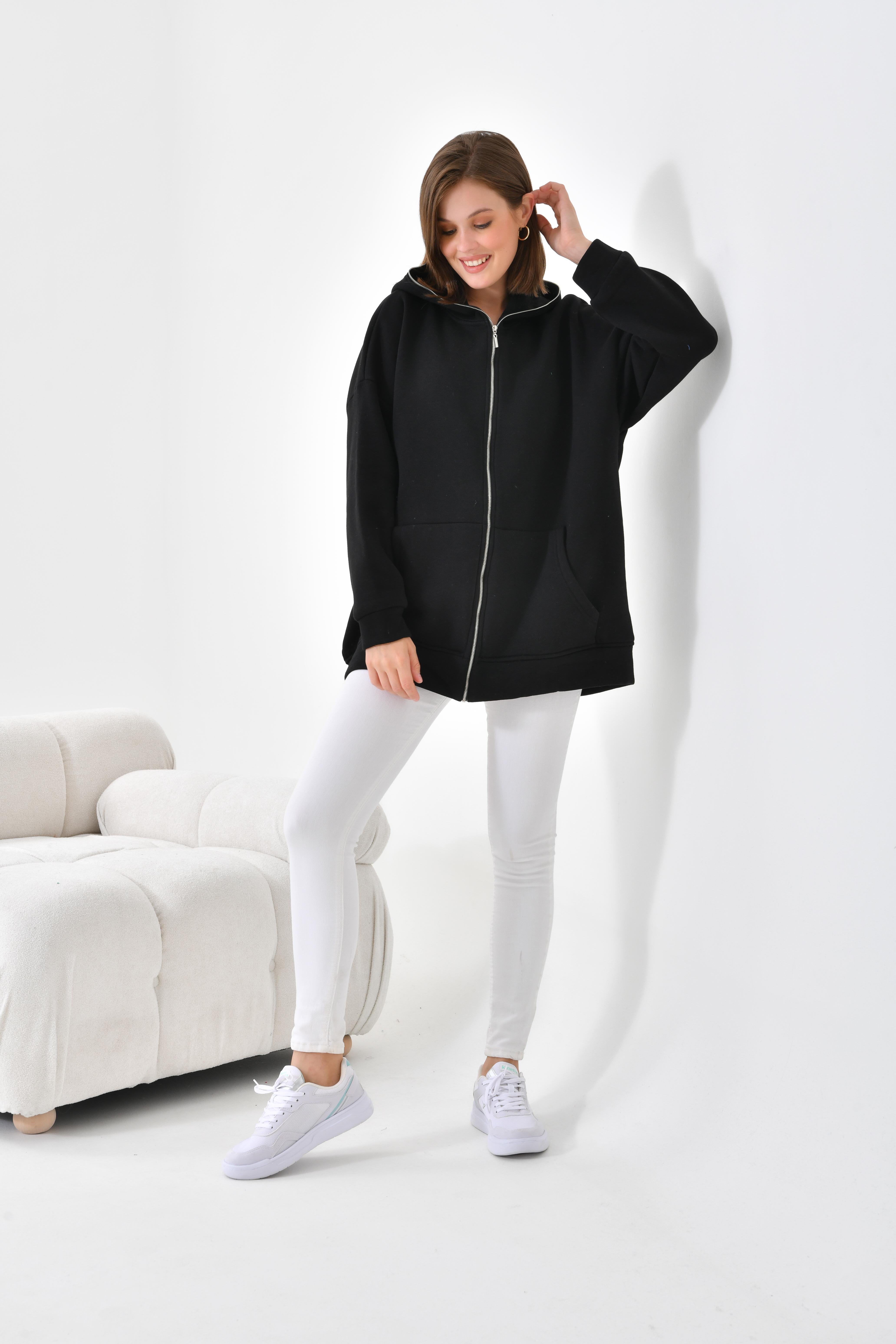 Firoy Kadın Oversize 3 İp Şardonlu Fermuarlı Sweatshırt  Siyah