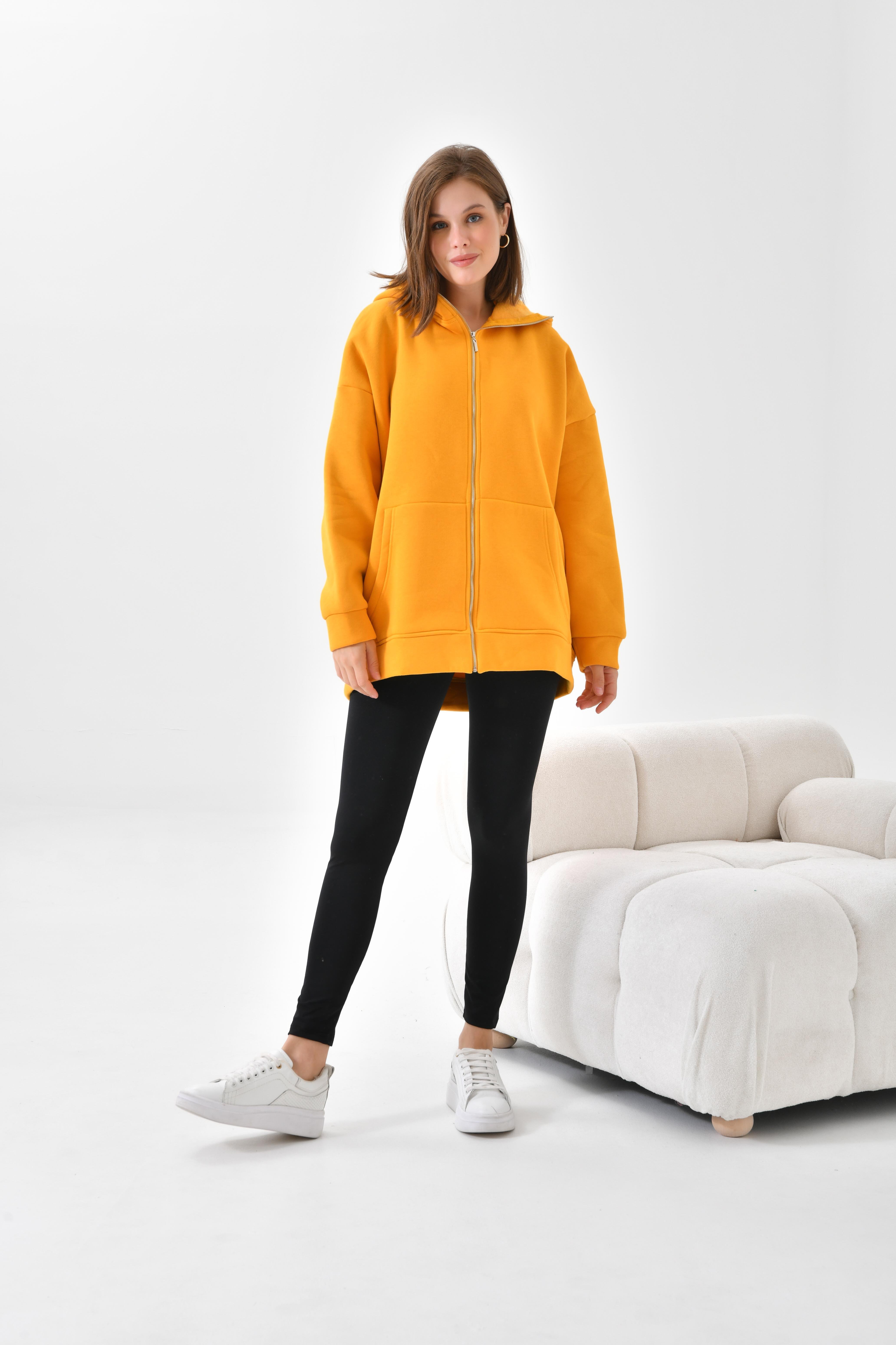 Firoy Kadın Oversize 3 İp Şardonlu Fermuarlı Sweatshırt  Hardal