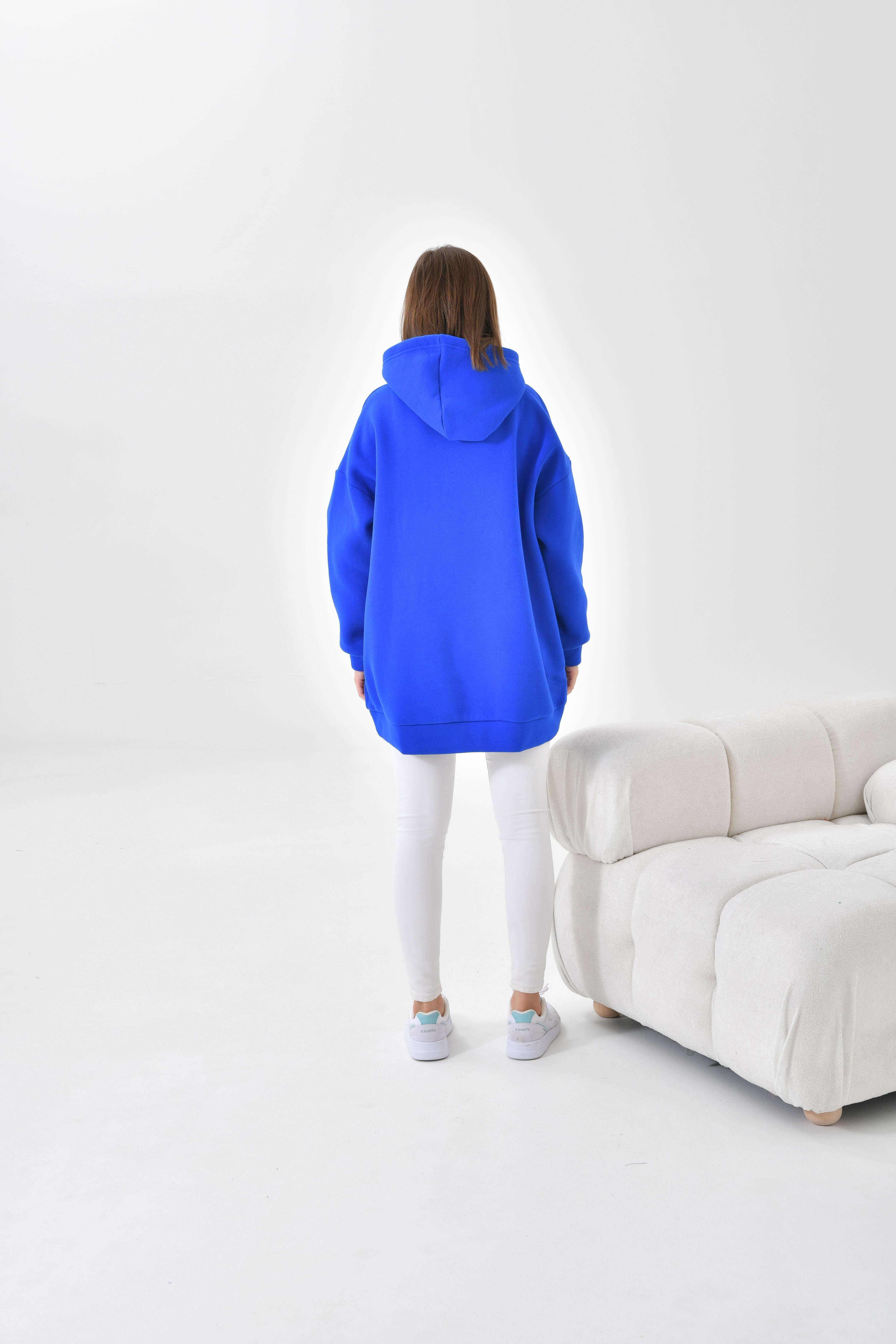 Firoy Kadın Oversize 3 İp Şardonlu Kapüşonlu Sweatshirt  Saks Mavi