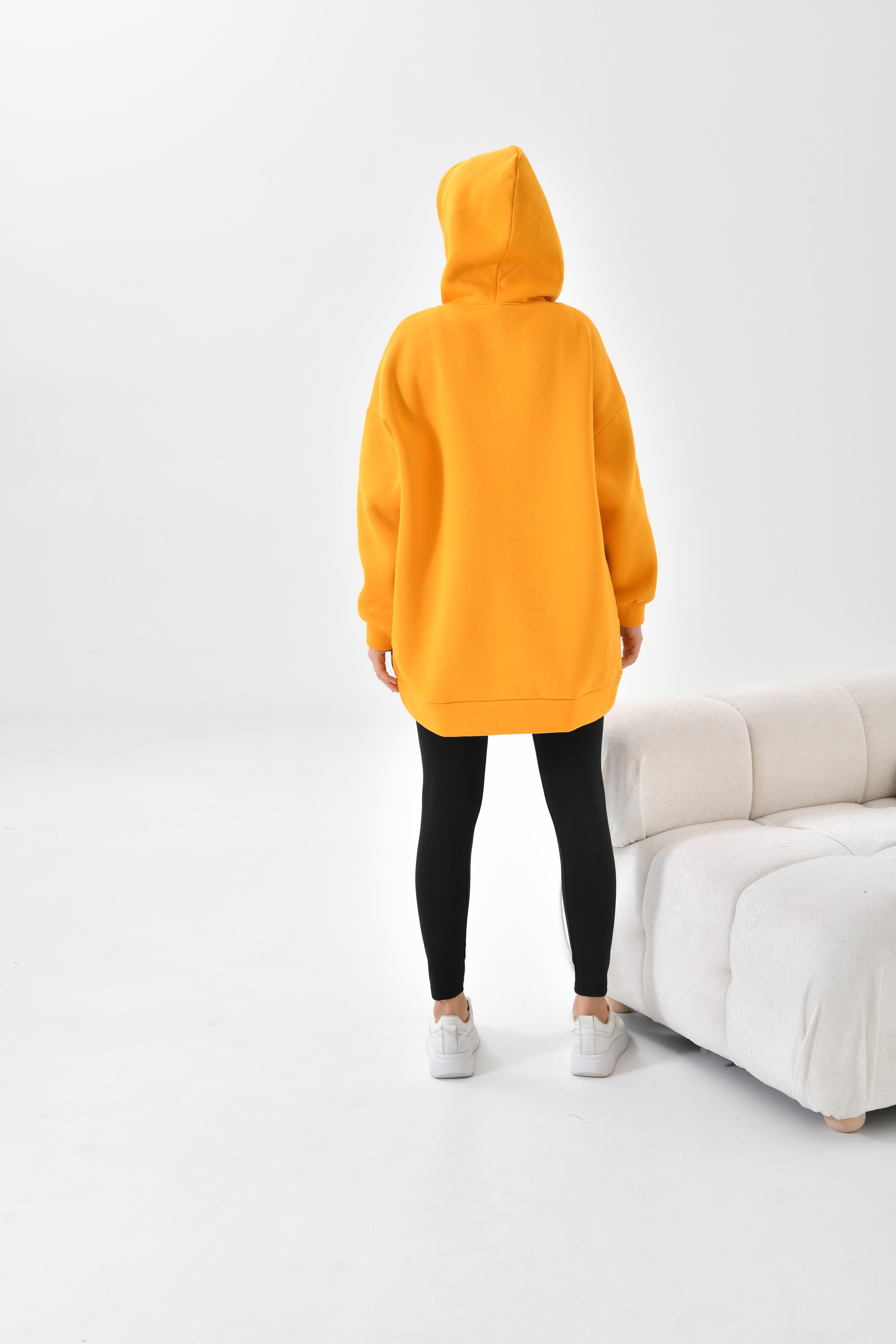 Firoy Kadın Oversize 3 İp Şardonlu Kapüşonlu Sweatshirt  Hardal