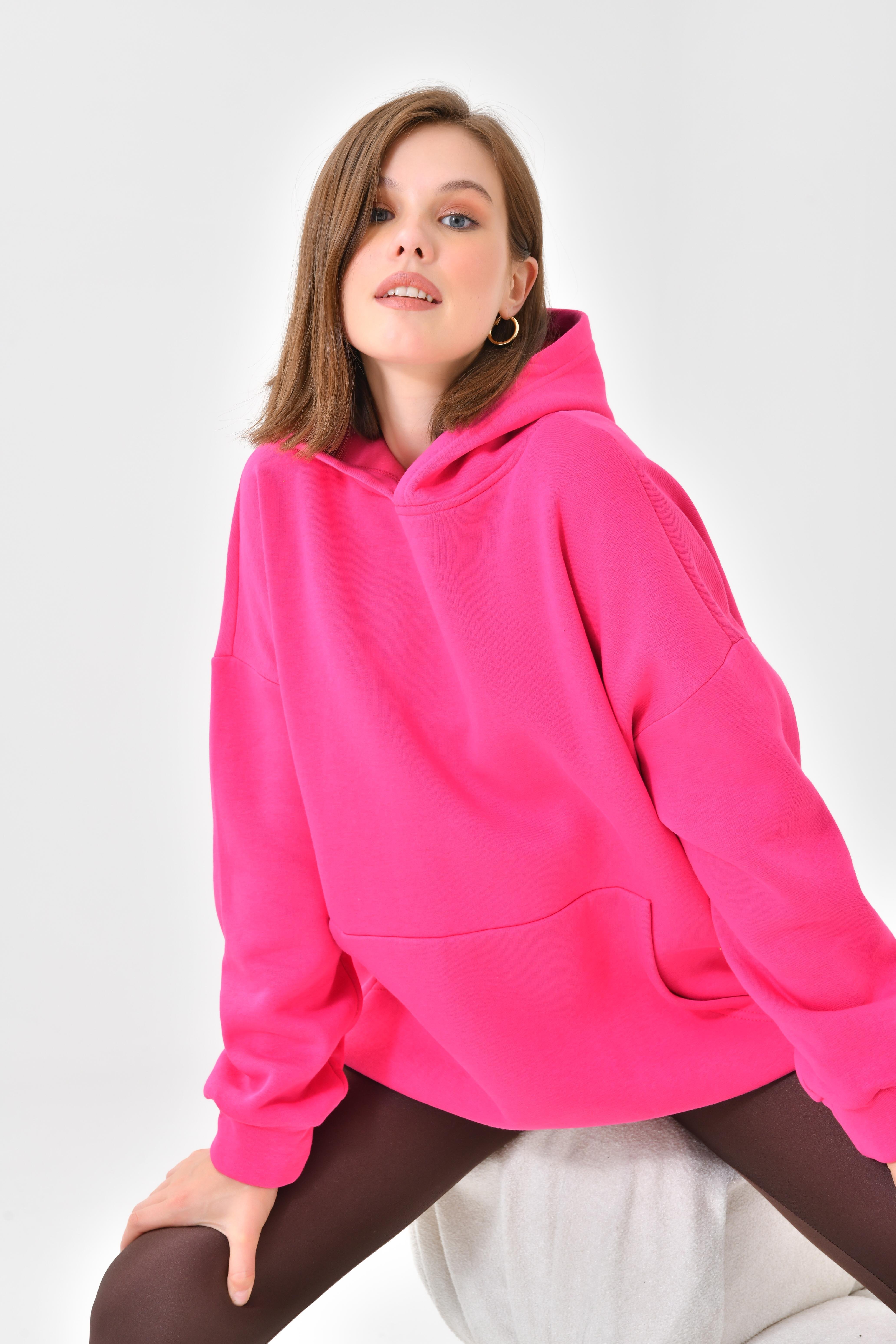 Firoy Kadın Oversize 3 İp Şardonlu Kapüşonlu Sweatshirt  Fuşya