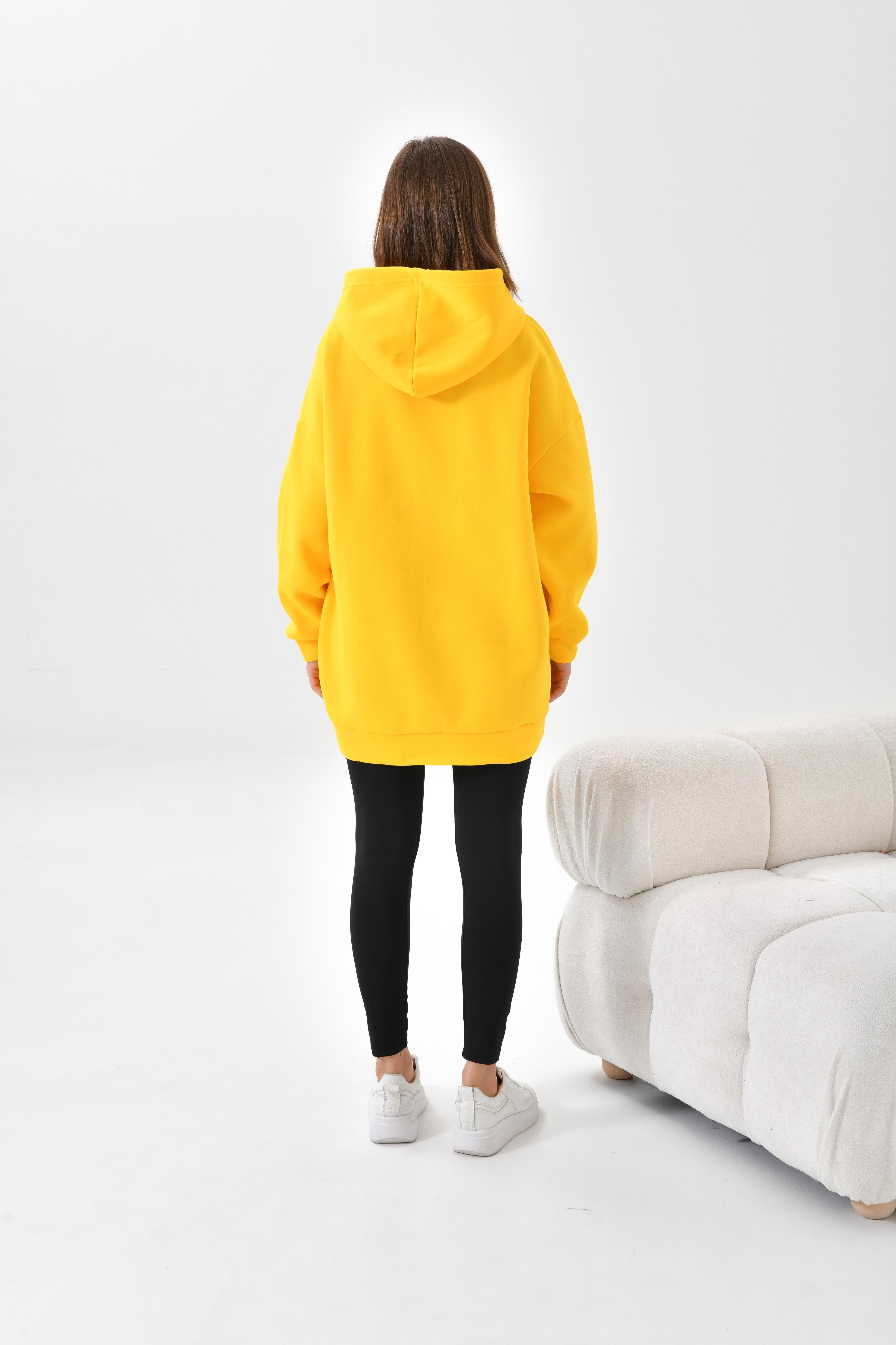 Firoy Kadın Oversize 3 İp Şardonlu Kapüşonlu Sweatshirt  Sarı