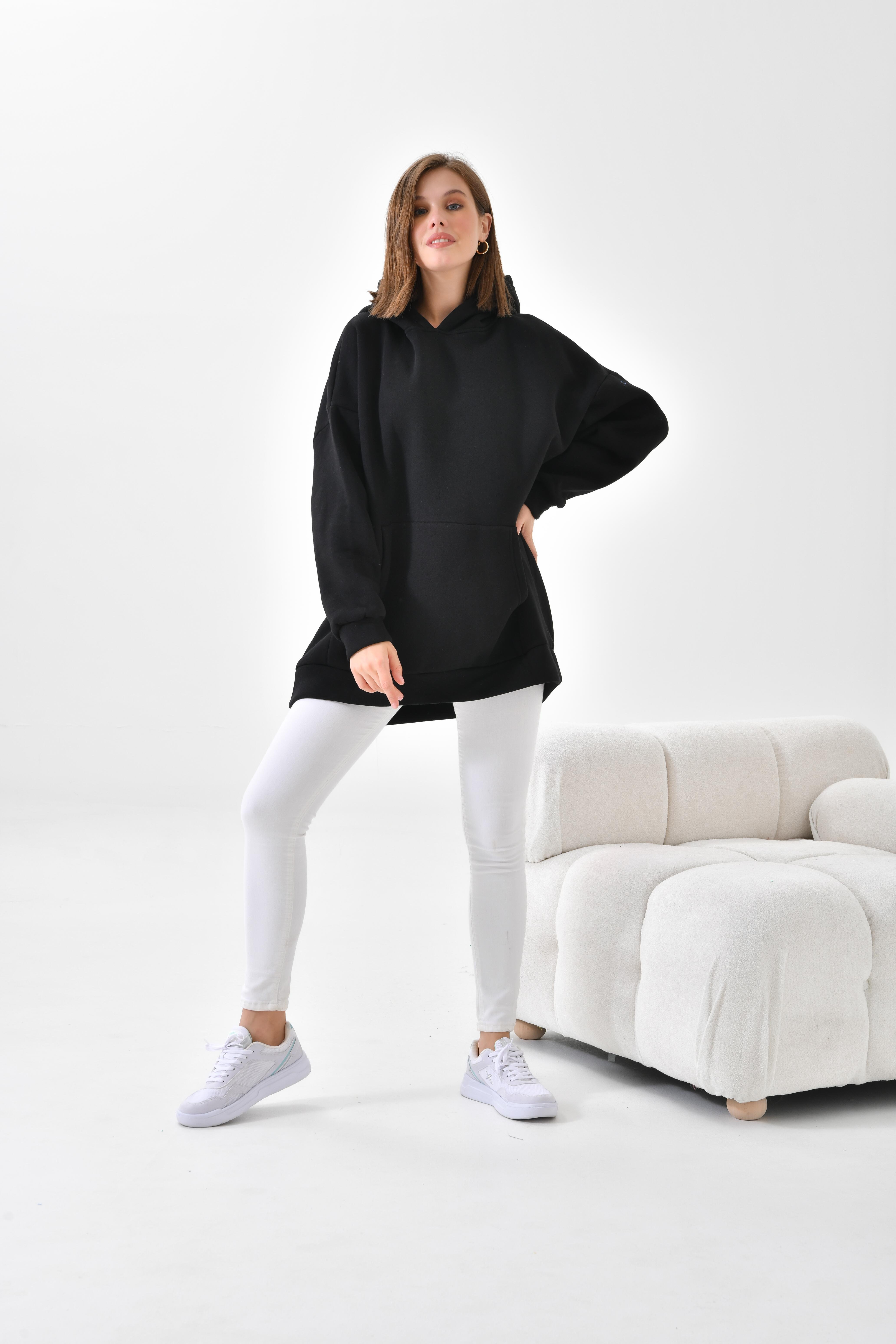 Firoy Kadın Oversize 3 İp Şardonlu Kapüşonlu Sweatshirt  Siyah