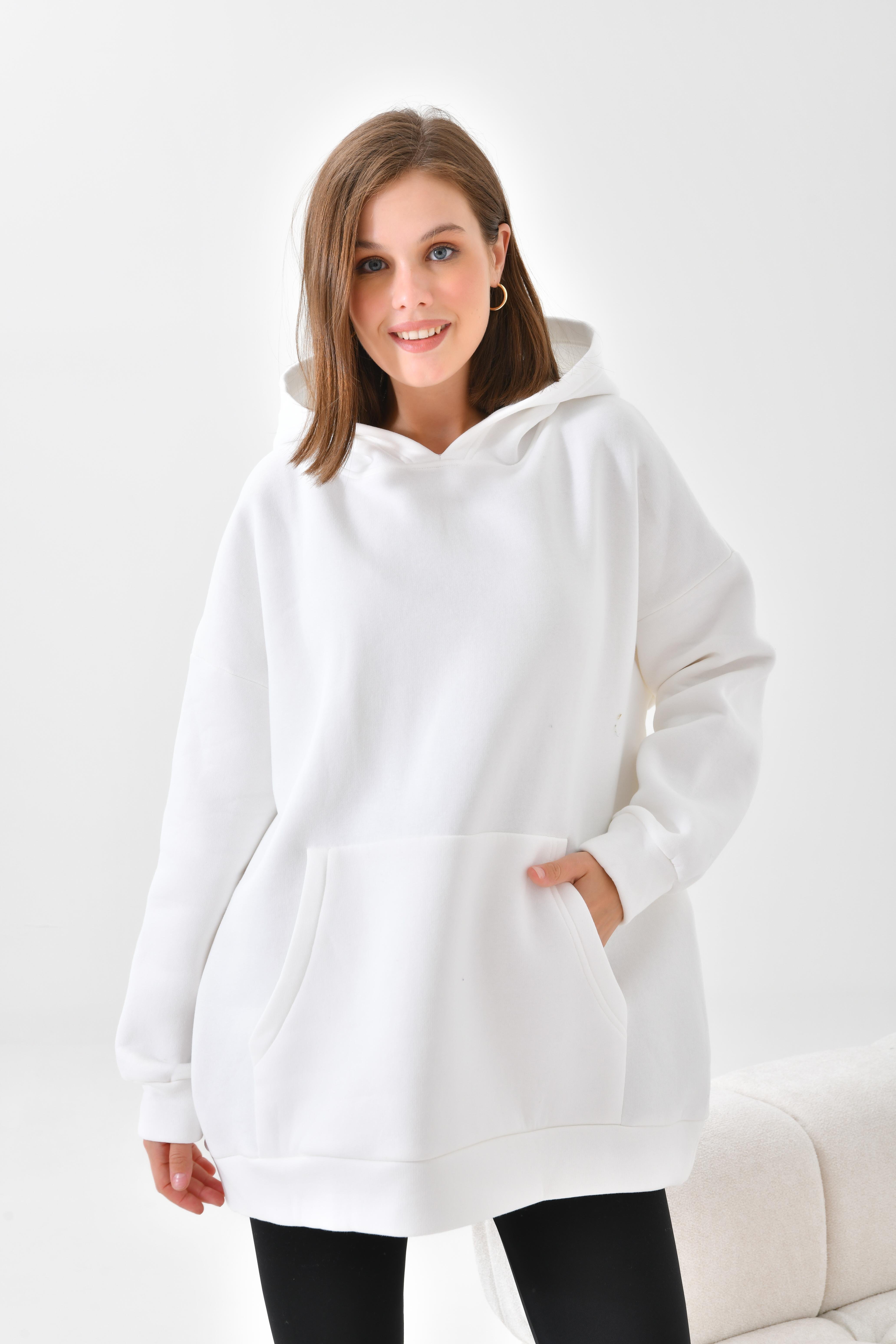 Firoy Kadın Oversize 3 İp Şardonlu Kapüşonlu Sweatshirt  Ekru