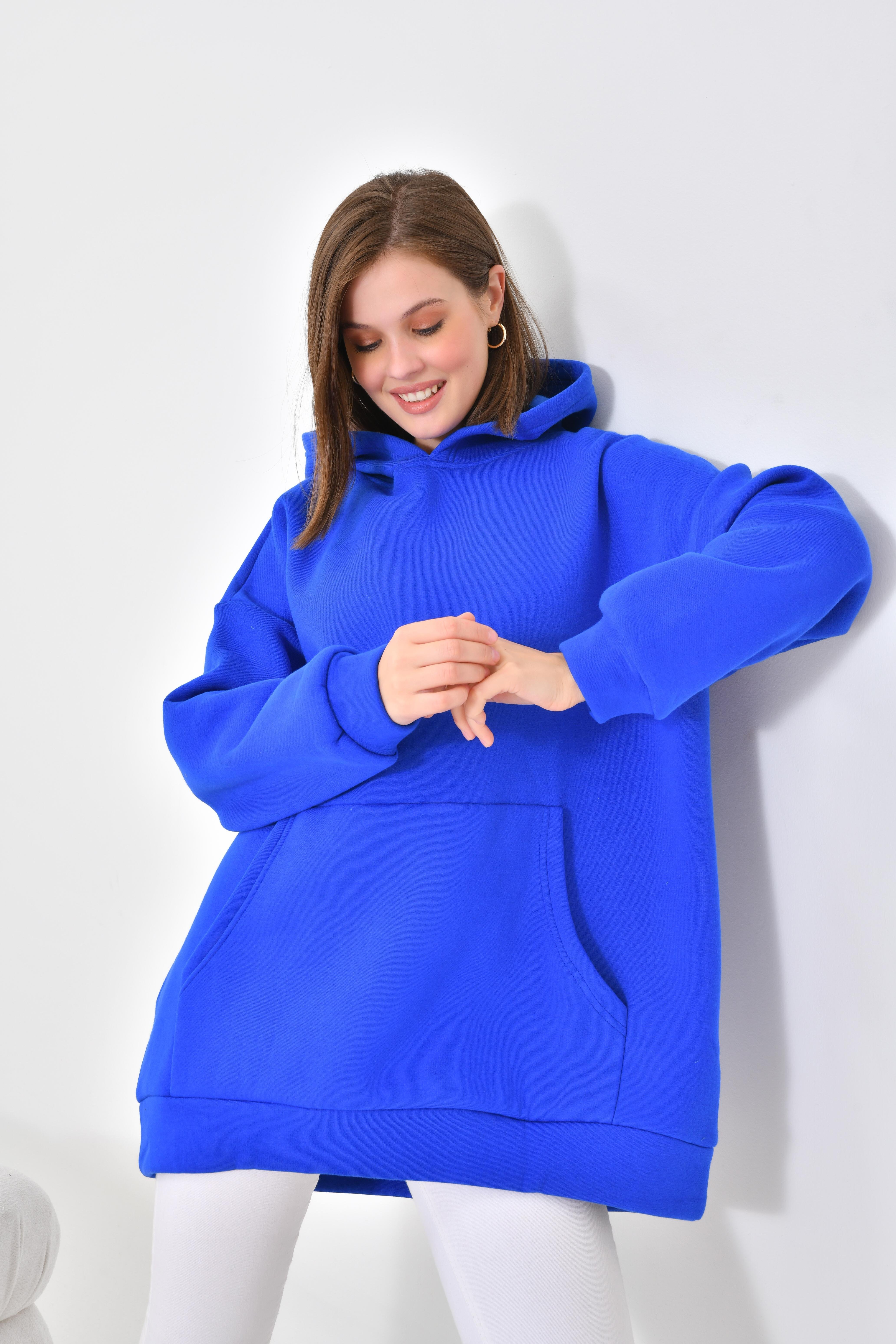 Firoy Kadın Oversize 3 İp Şardonlu Kapüşonlu Sweatshirt  Saks Mavi