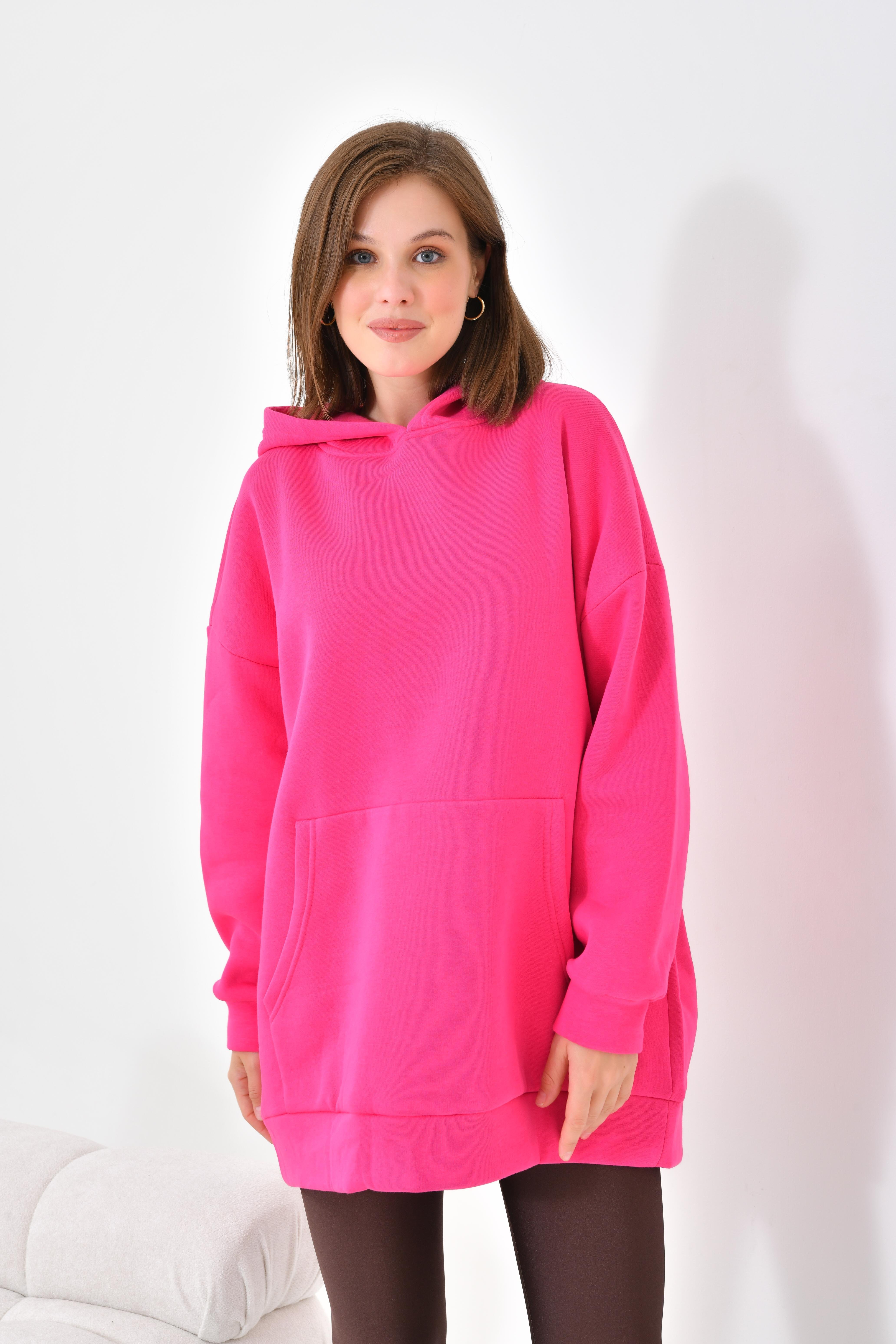 Firoy Kadın Oversize 3 İp Şardonlu Kapüşonlu Sweatshirt  Fuşya
