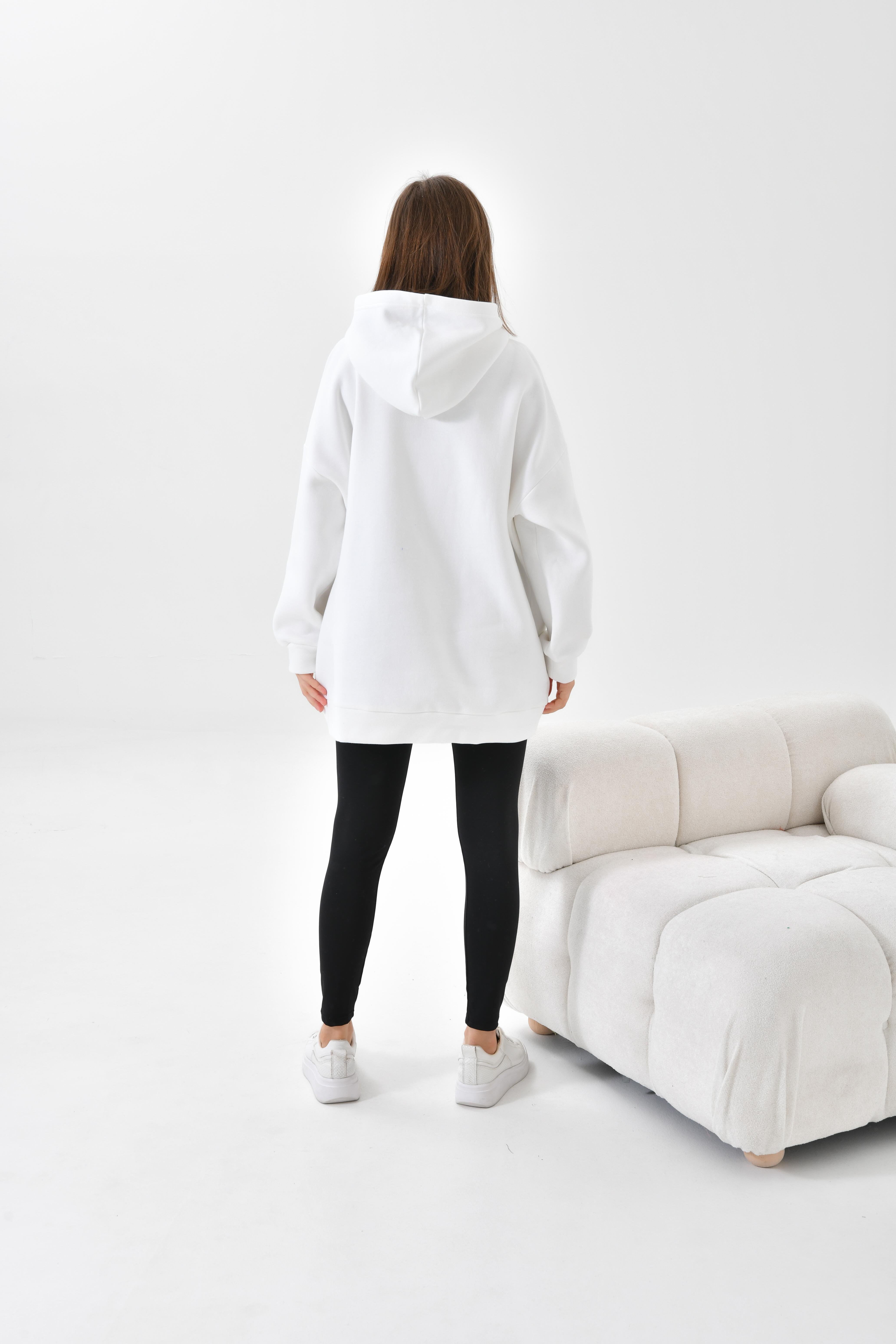Firoy Kadın Oversize 3 İp Şardonlu Kapüşonlu Sweatshirt  Ekru