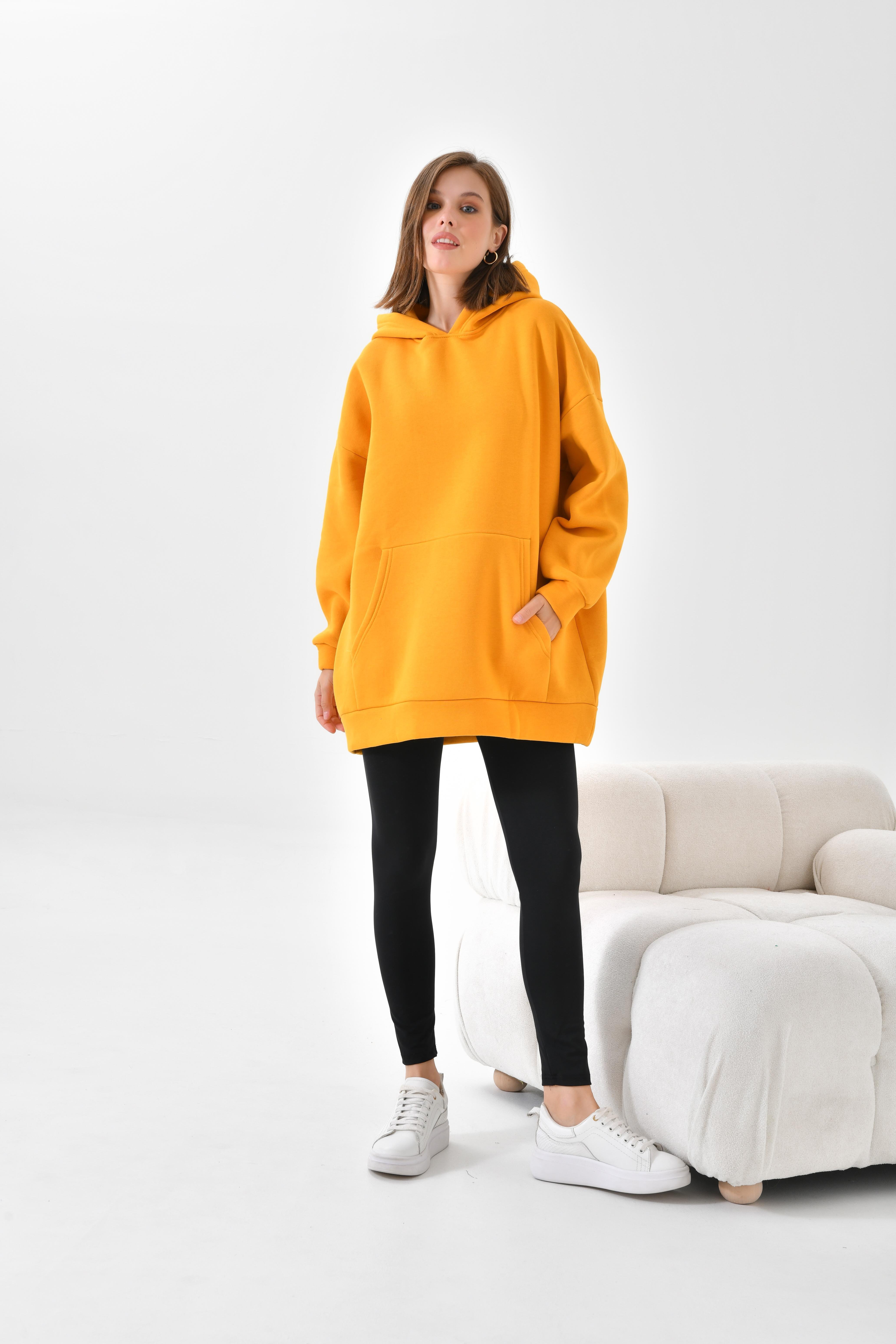 Firoy Kadın Oversize 3 İp Şardonlu Kapüşonlu Sweatshirt  Hardal