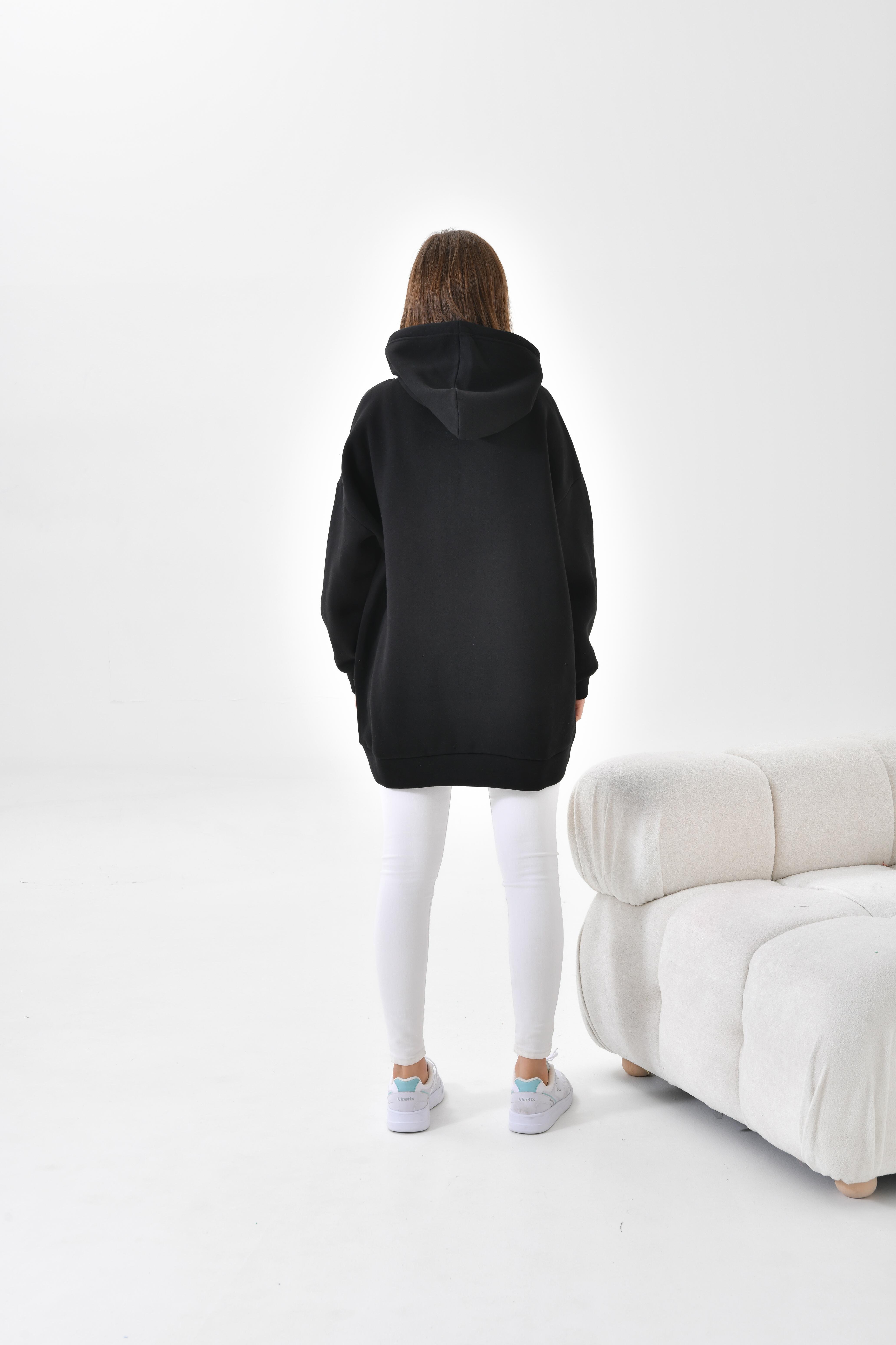 Firoy Kadın Oversize 3 İp Şardonlu Kapüşonlu Sweatshirt  Siyah