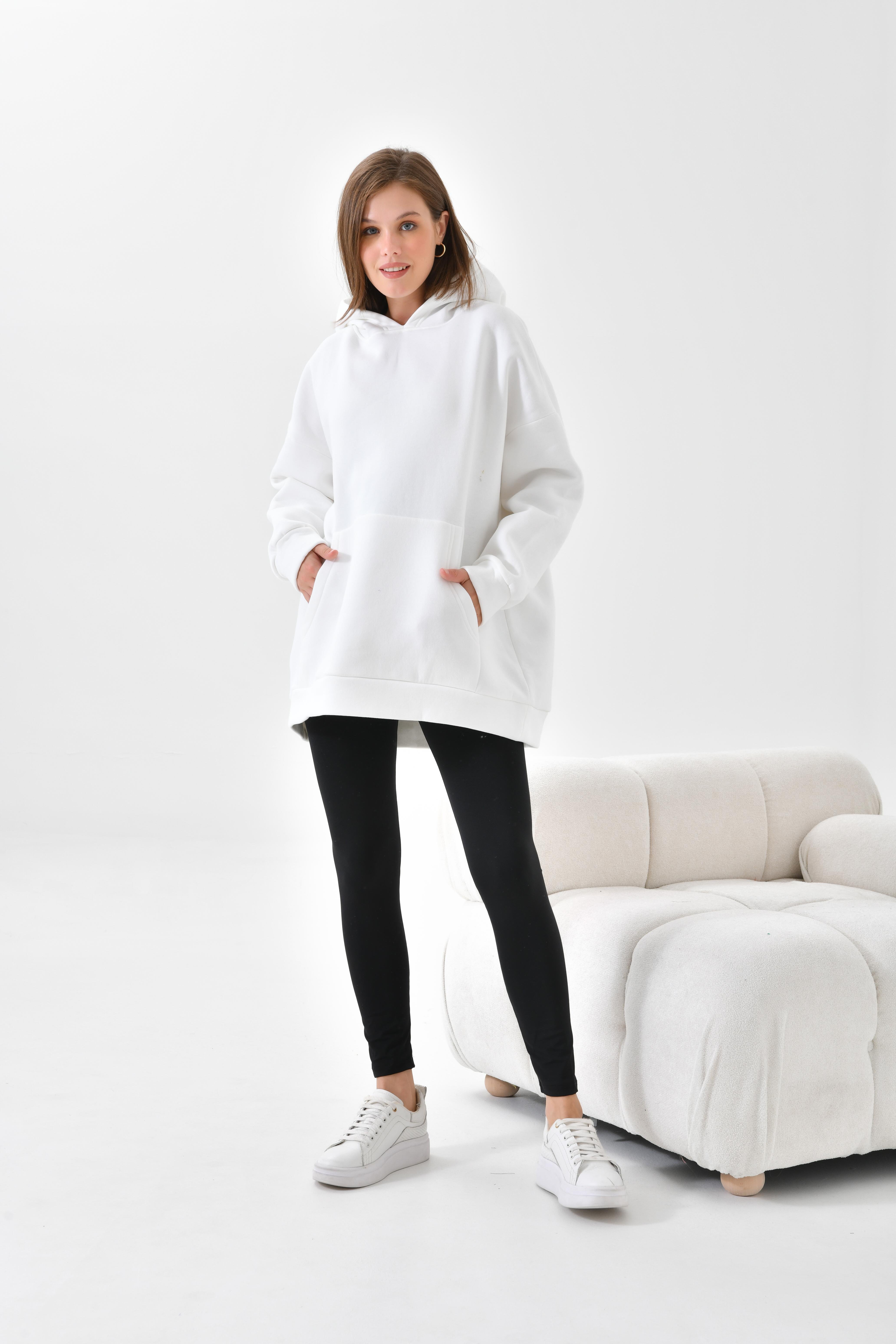 Firoy Kadın Oversize 3 İp Şardonlu Kapüşonlu Sweatshirt  Ekru