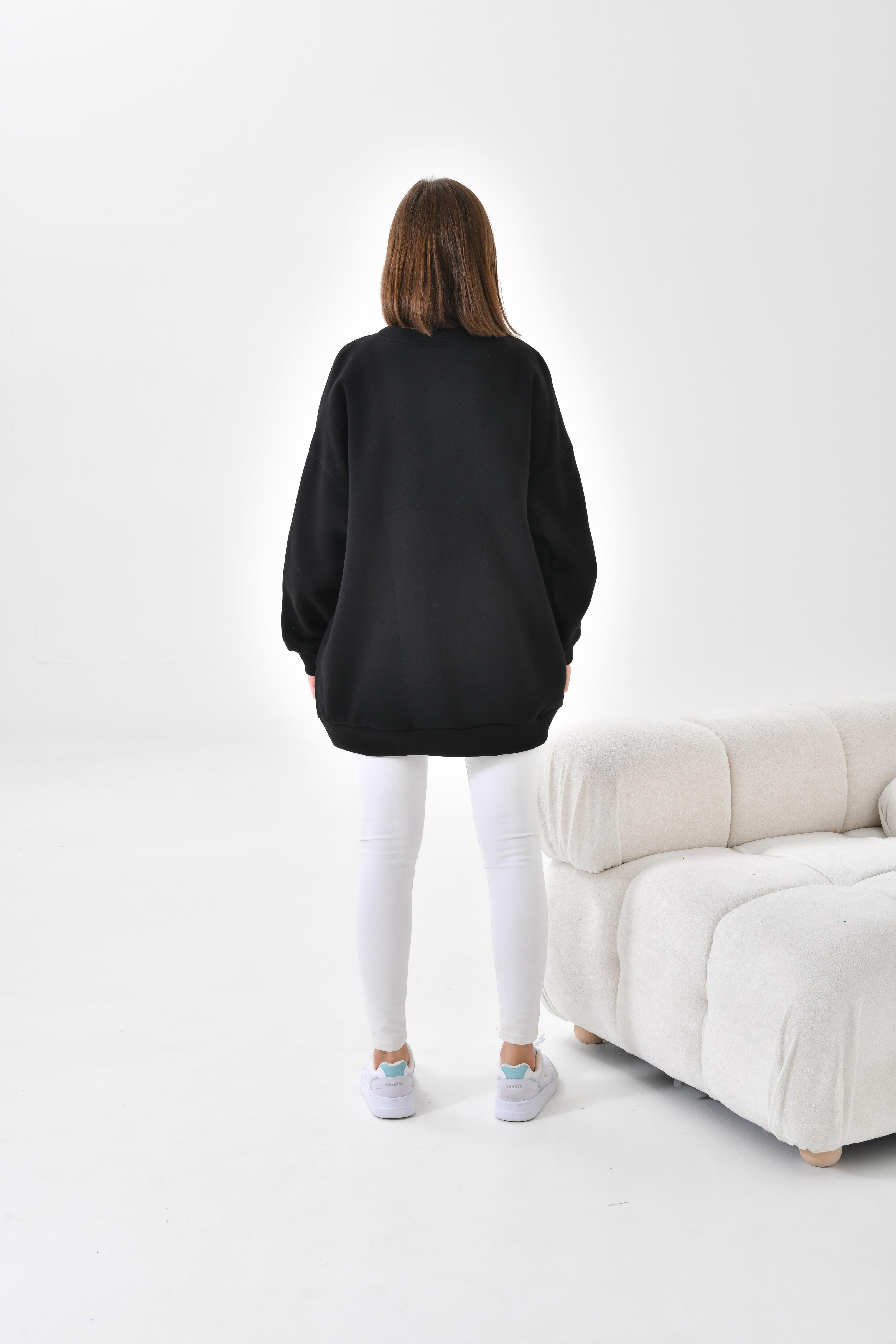 Firoy Kadın Oversize 3 İp Şardonlu Sweatshirt  Siyah