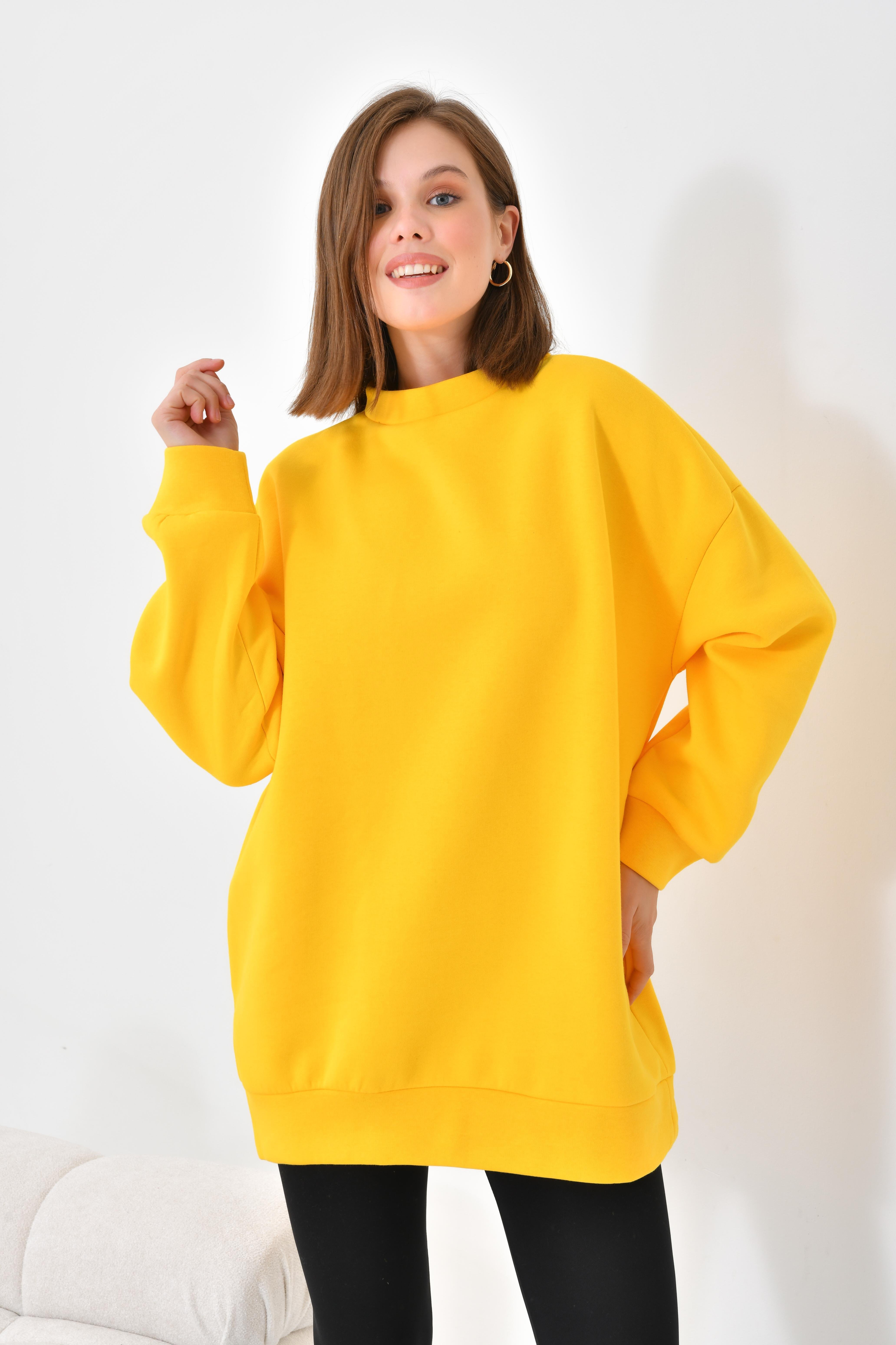 Firoy Kadın Oversize 3 İp Şardonlu Sweatshirt  Sarı