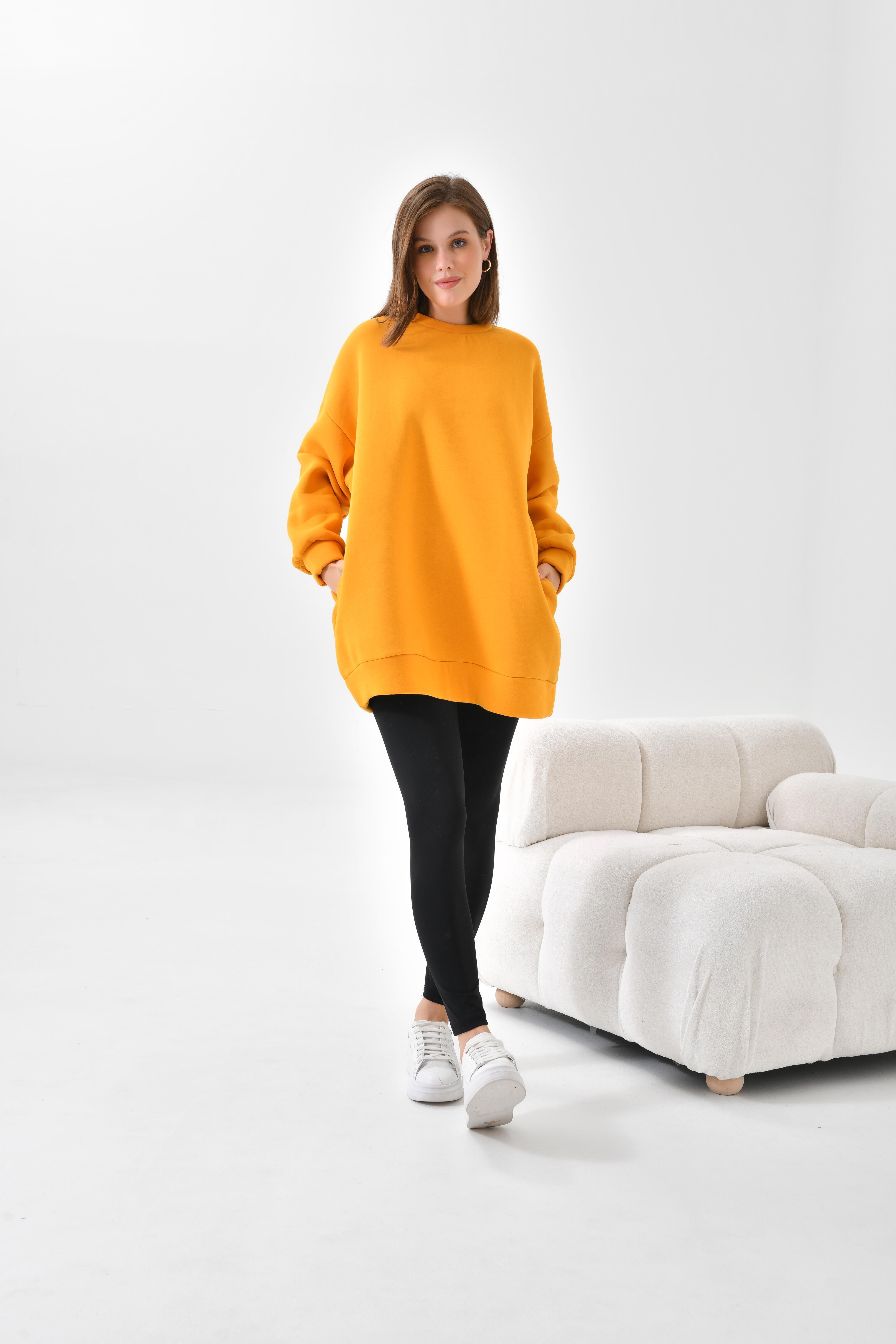 Firoy Kadın Oversize 3 İp Şardonlu Sweatshirt  Hardal