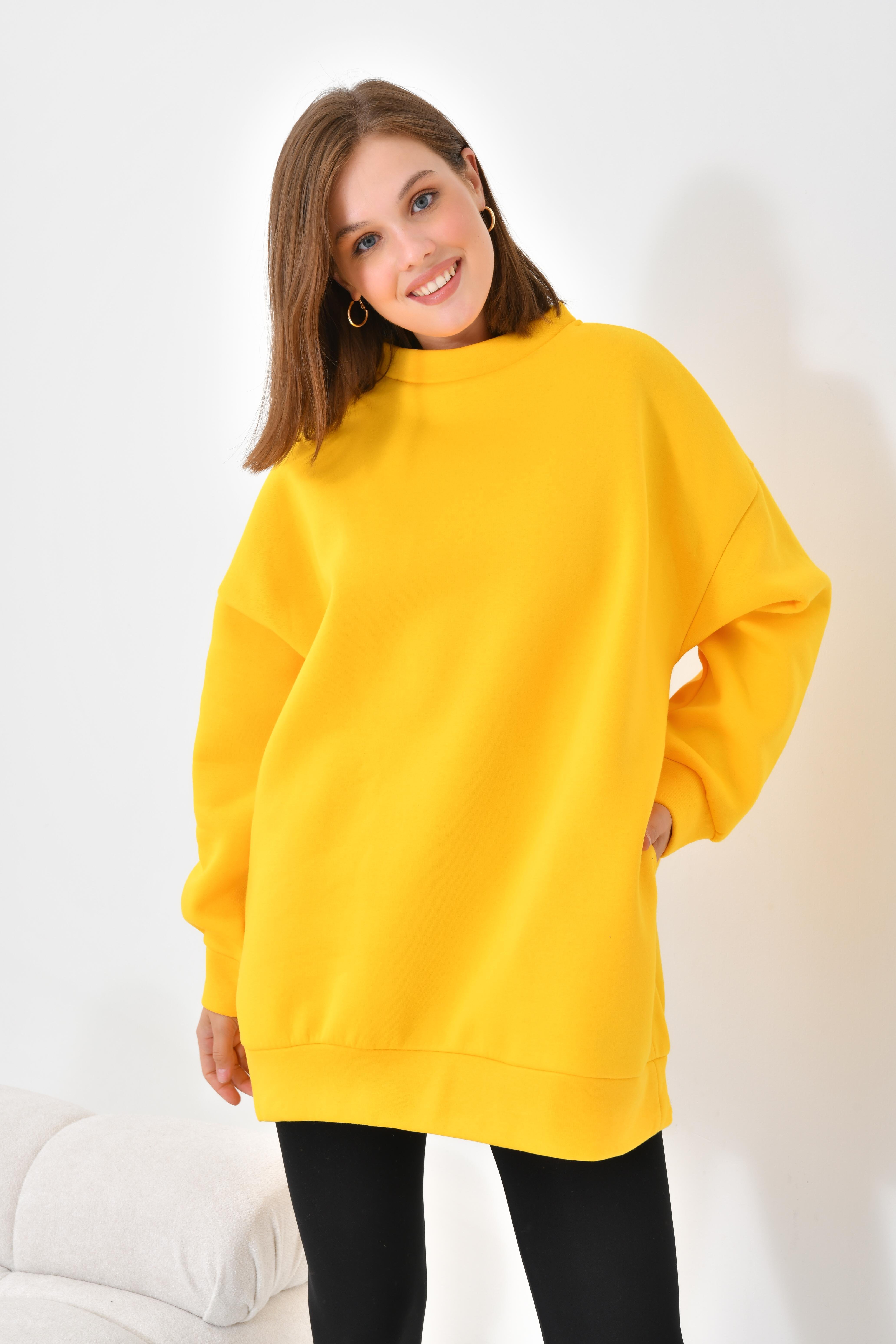 Firoy Kadın Oversize 3 İp Şardonlu Sweatshirt  Sarı