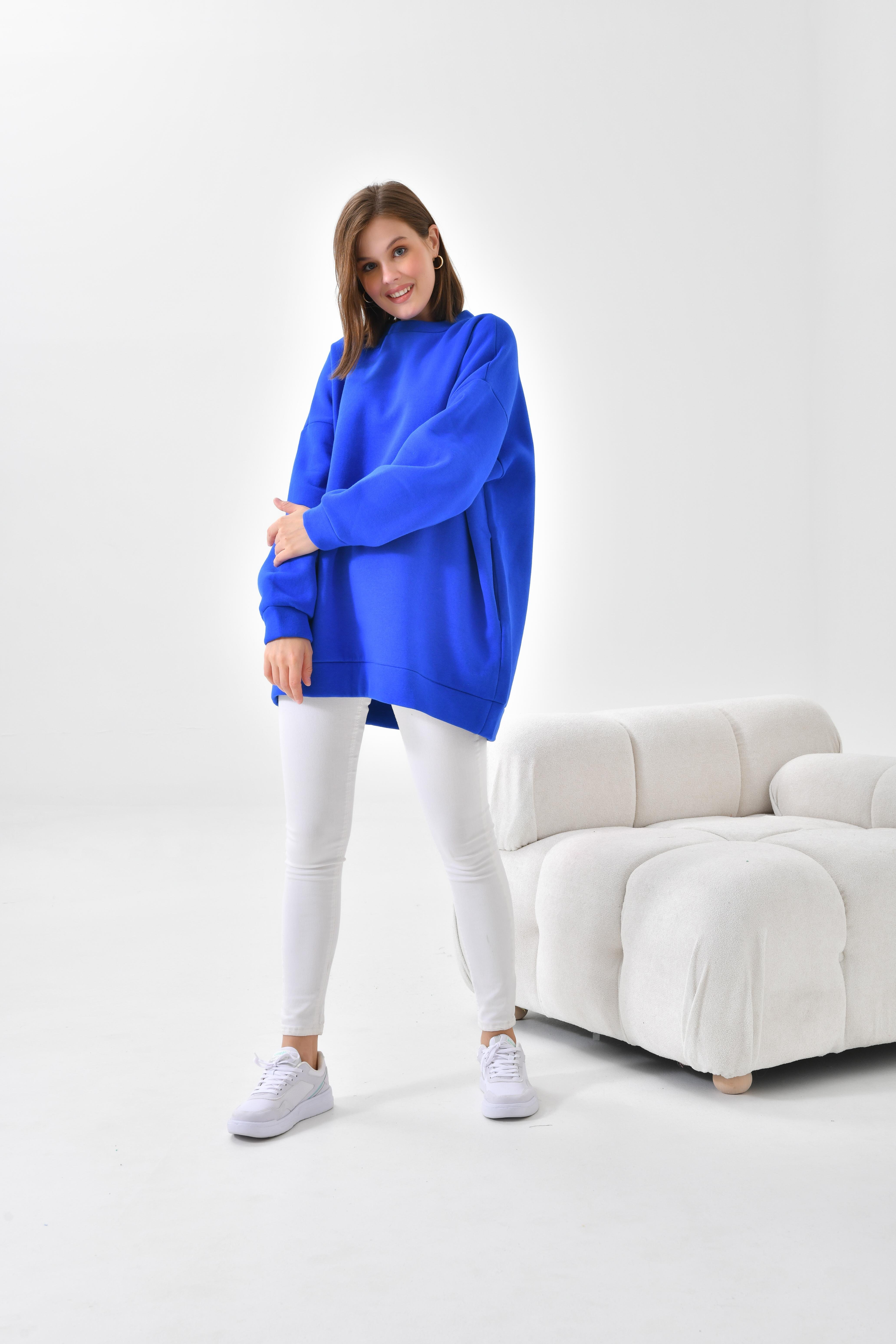 Firoy Kadın Oversize 3 İp Şardonlu Sweatshirt  Saks Mavi