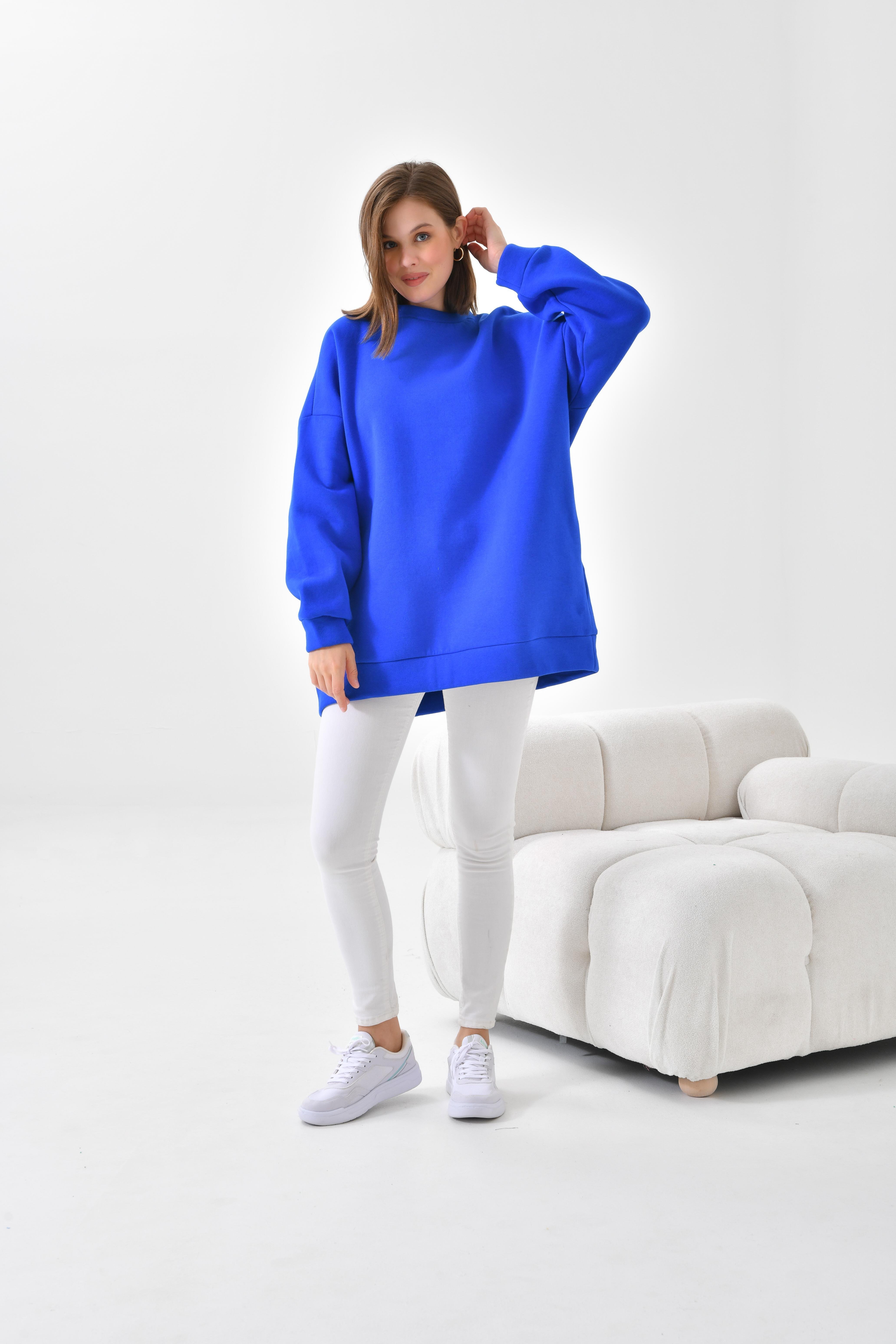 Firoy Kadın Oversize 3 İp Şardonlu Sweatshirt  Saks Mavi