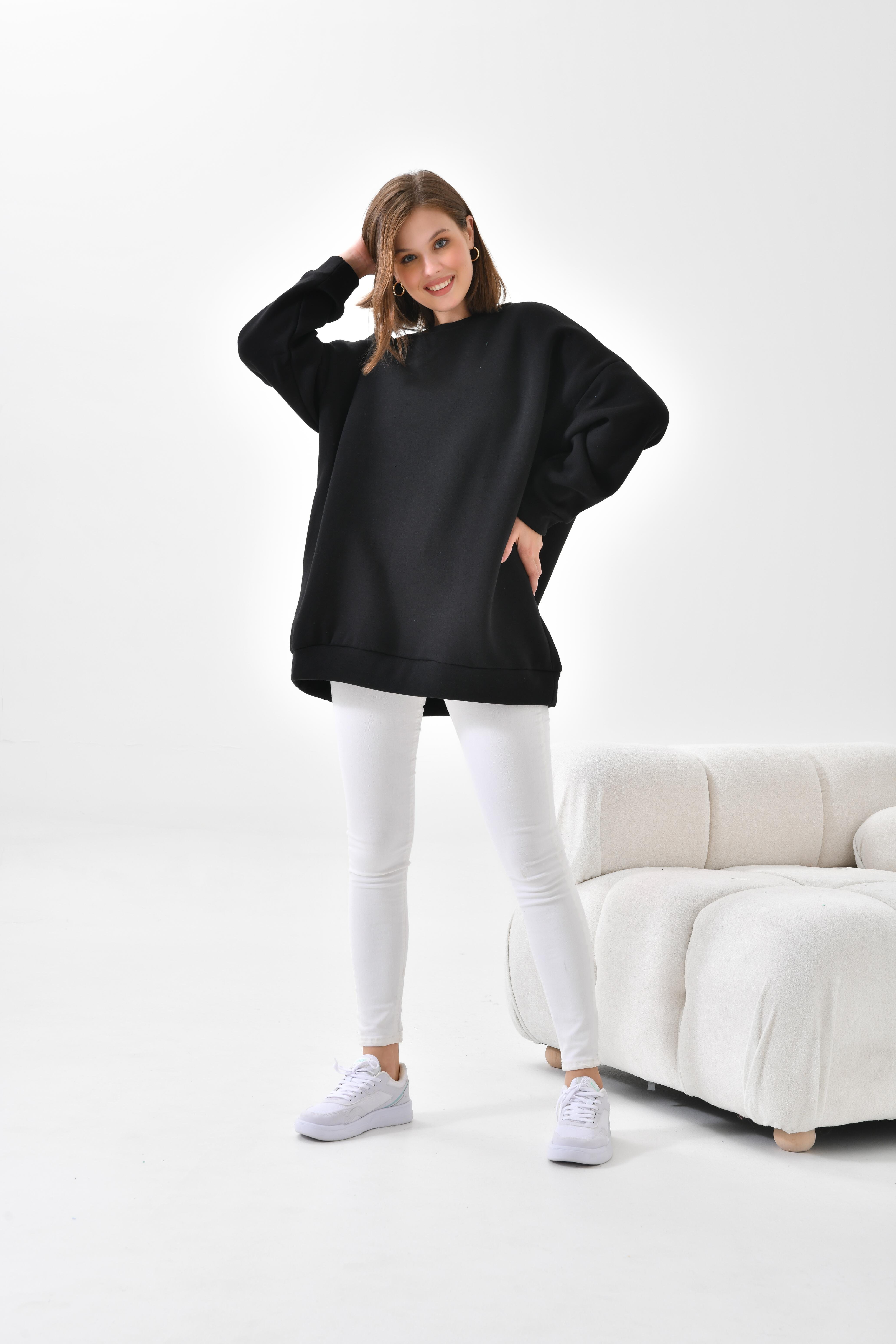 Firoy Kadın Oversize 3 İp Şardonlu Sweatshirt  Siyah