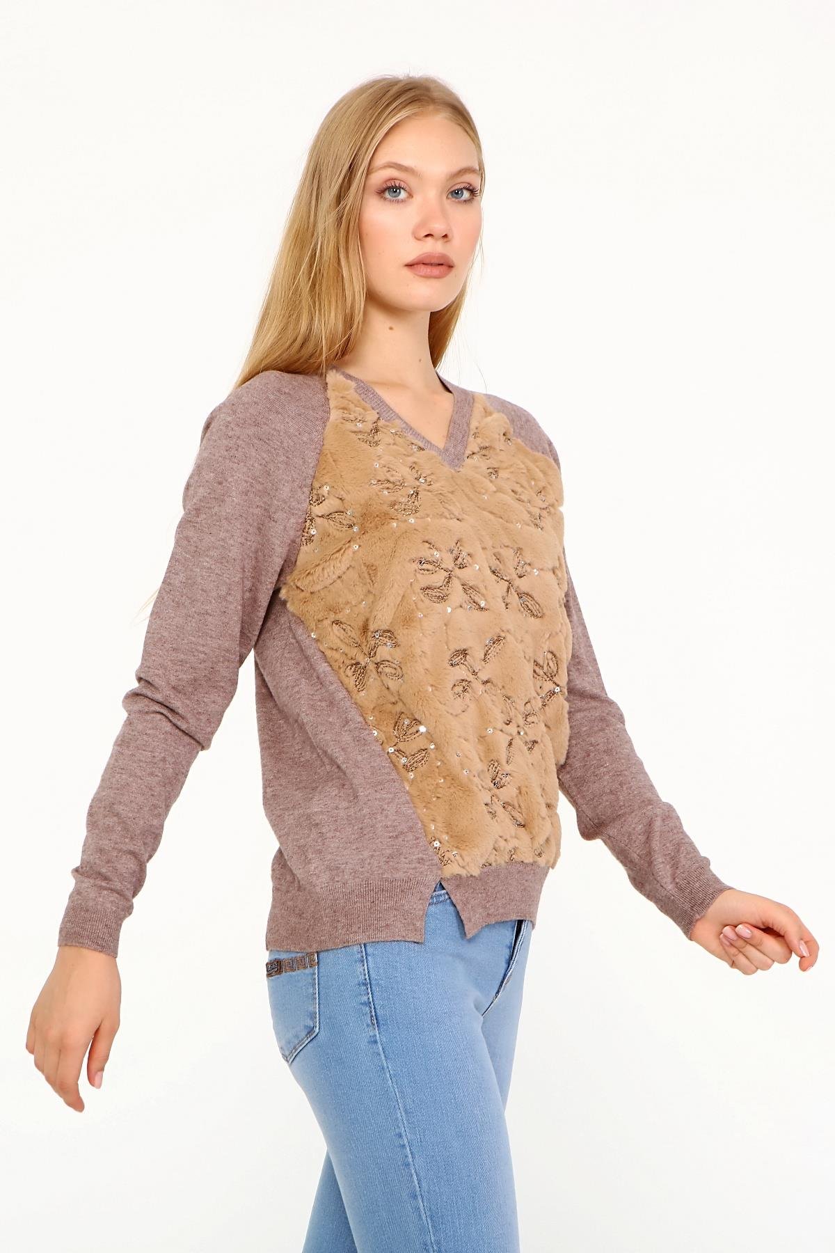 Firoy Kadın Peluş Nakışlı Triko  Beige