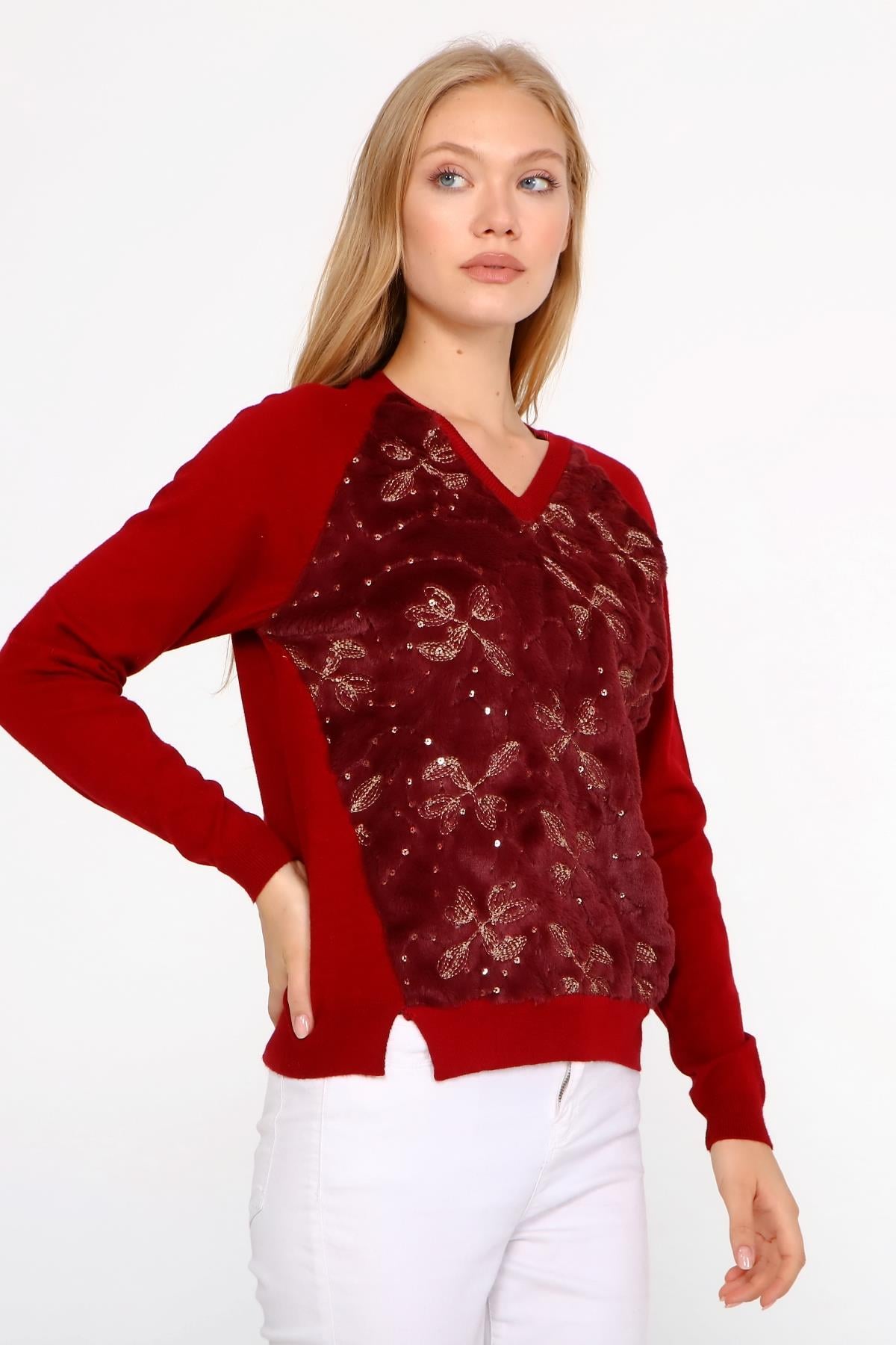 Firoy Kadın Peluş Nakışlı Triko  Bordo