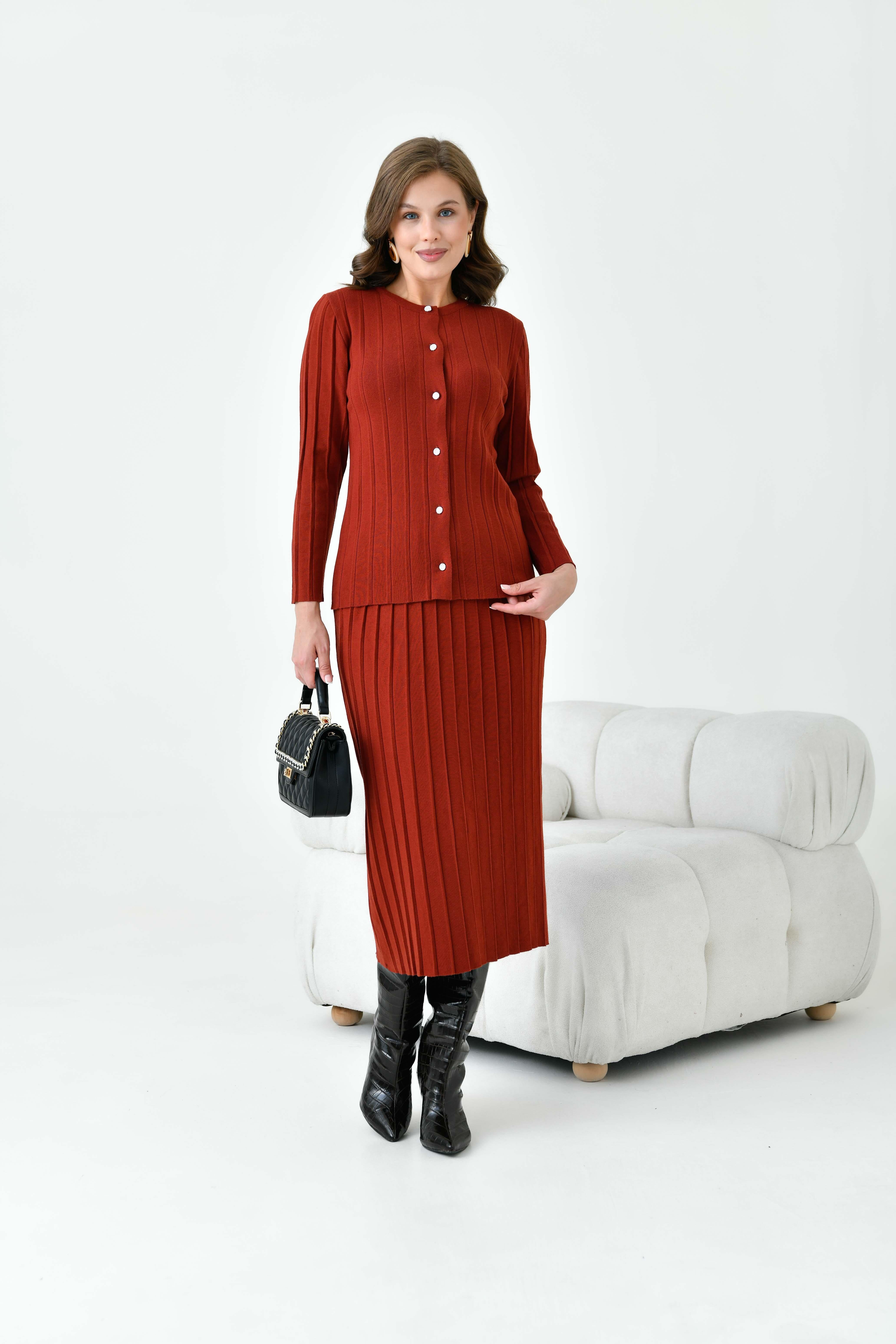 Firoy Kadın Pileli İkili Takım  Kiremit