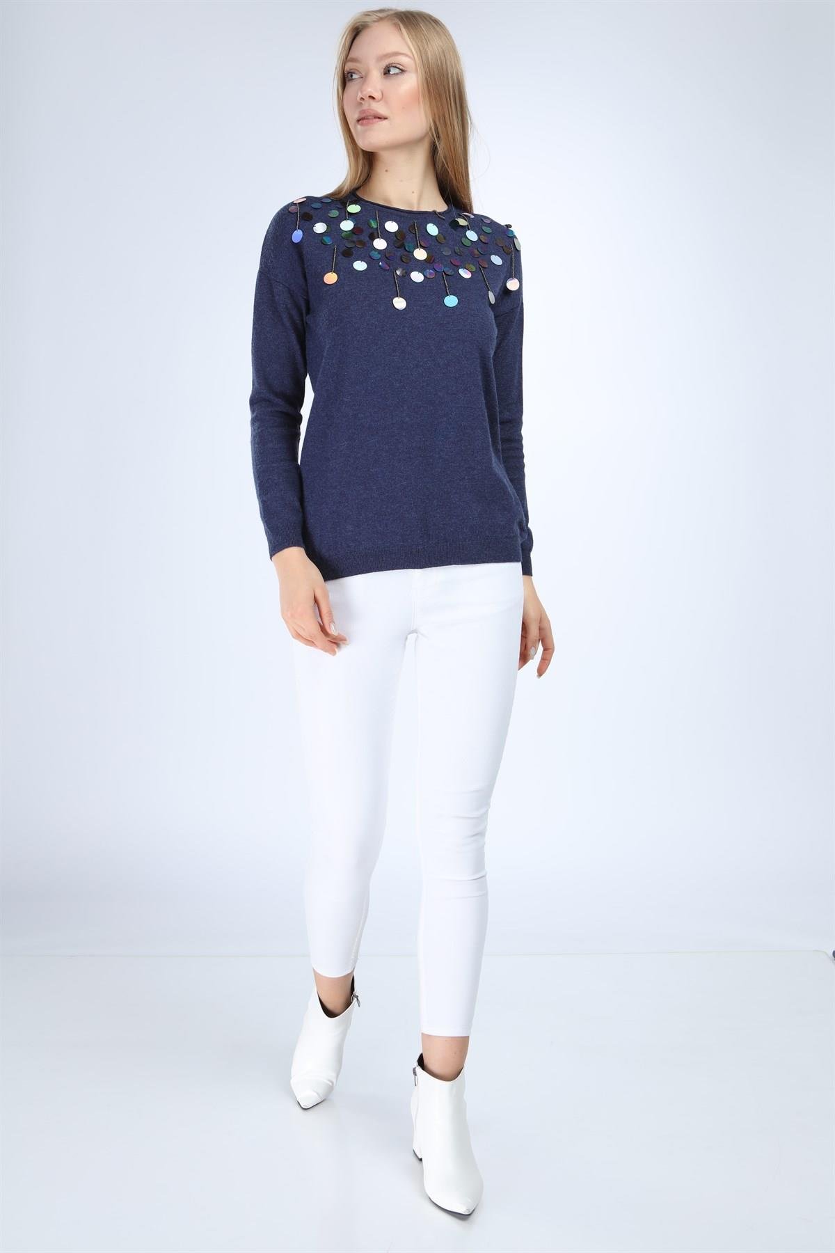 Firoy Kadın Pul Detaylı Triko  İndigo