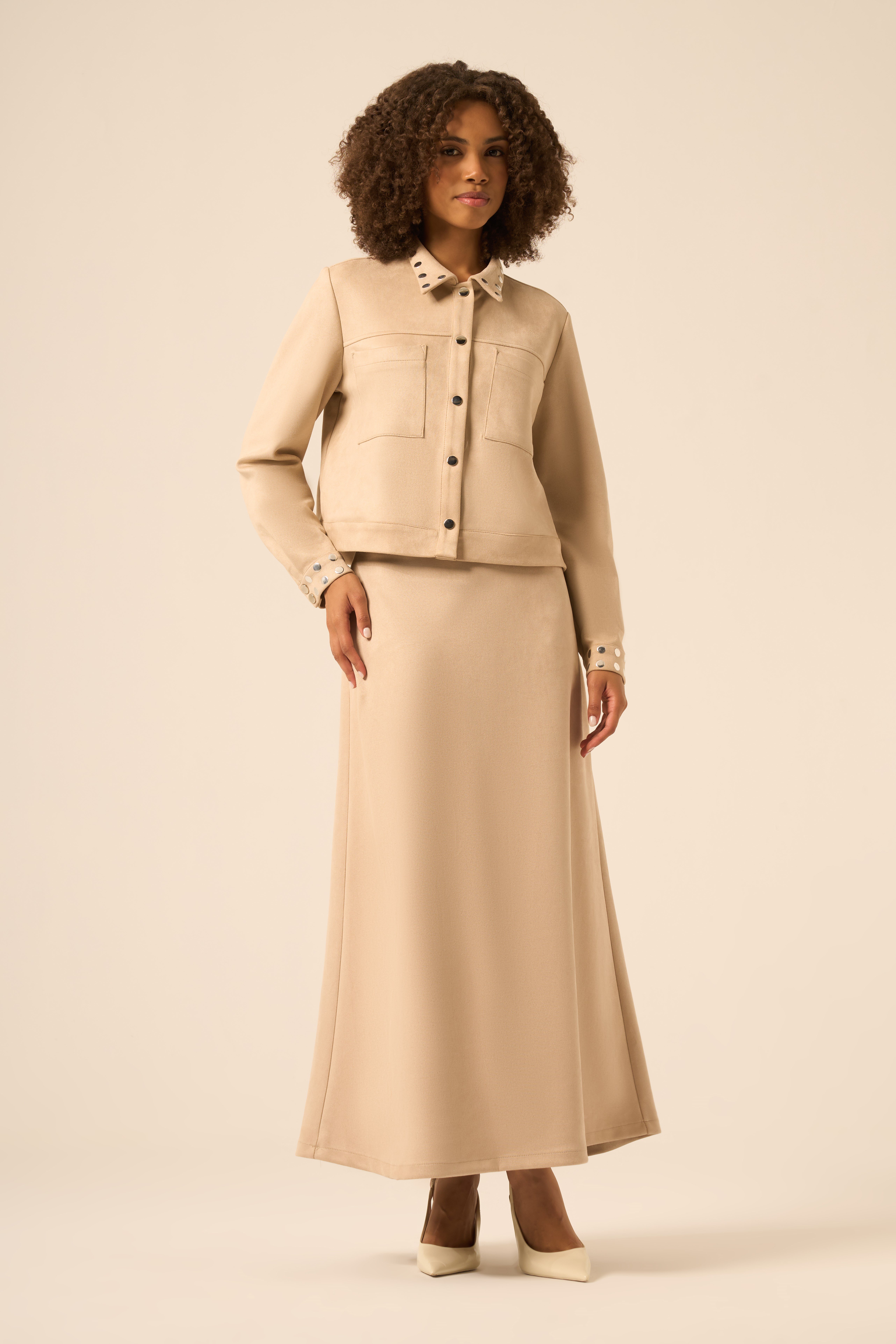 Firoy Kadın Scuba Süet Etekli Takım  Vizon