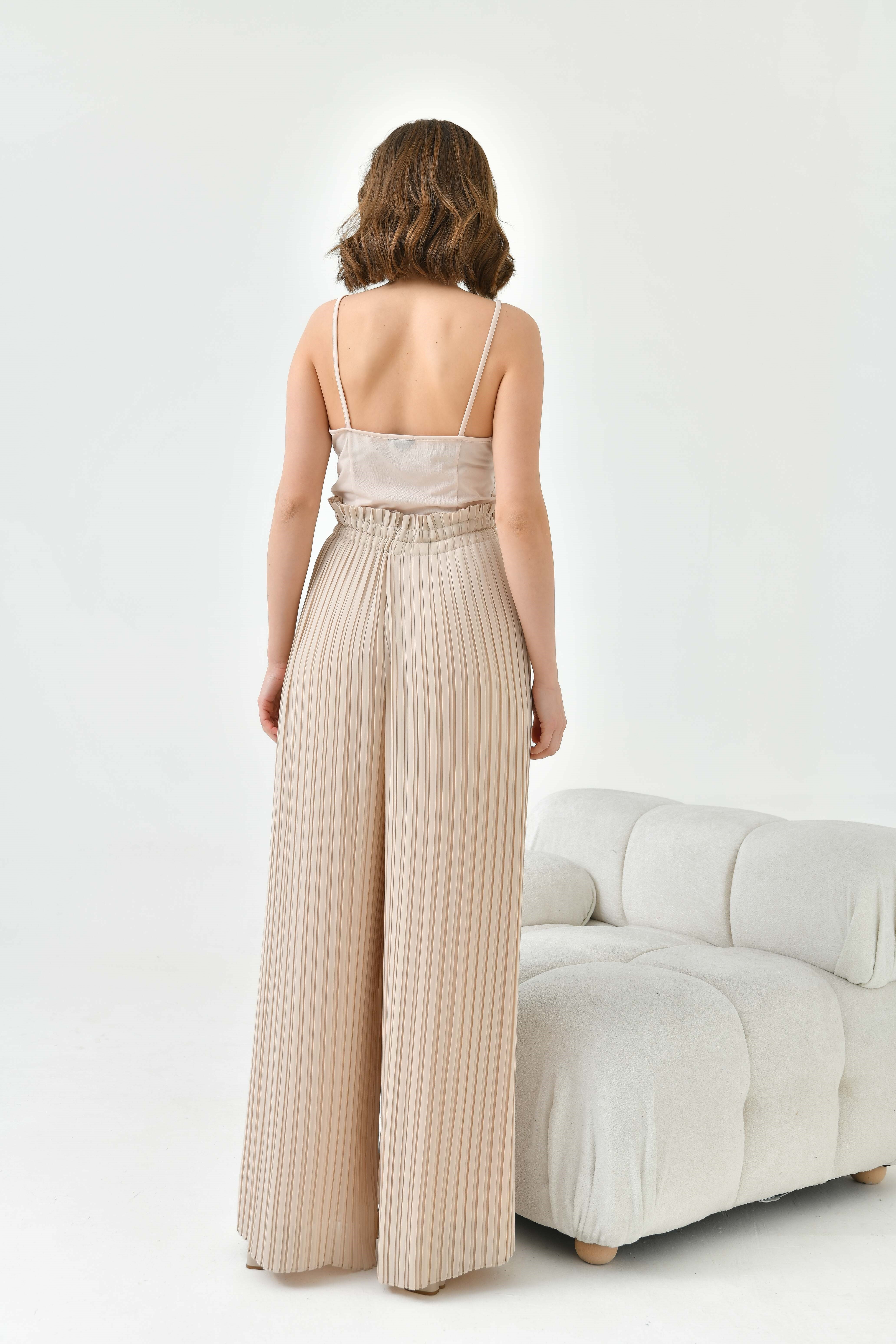 Firoy Kadın Şifon Pliseli Pantolon  Beige