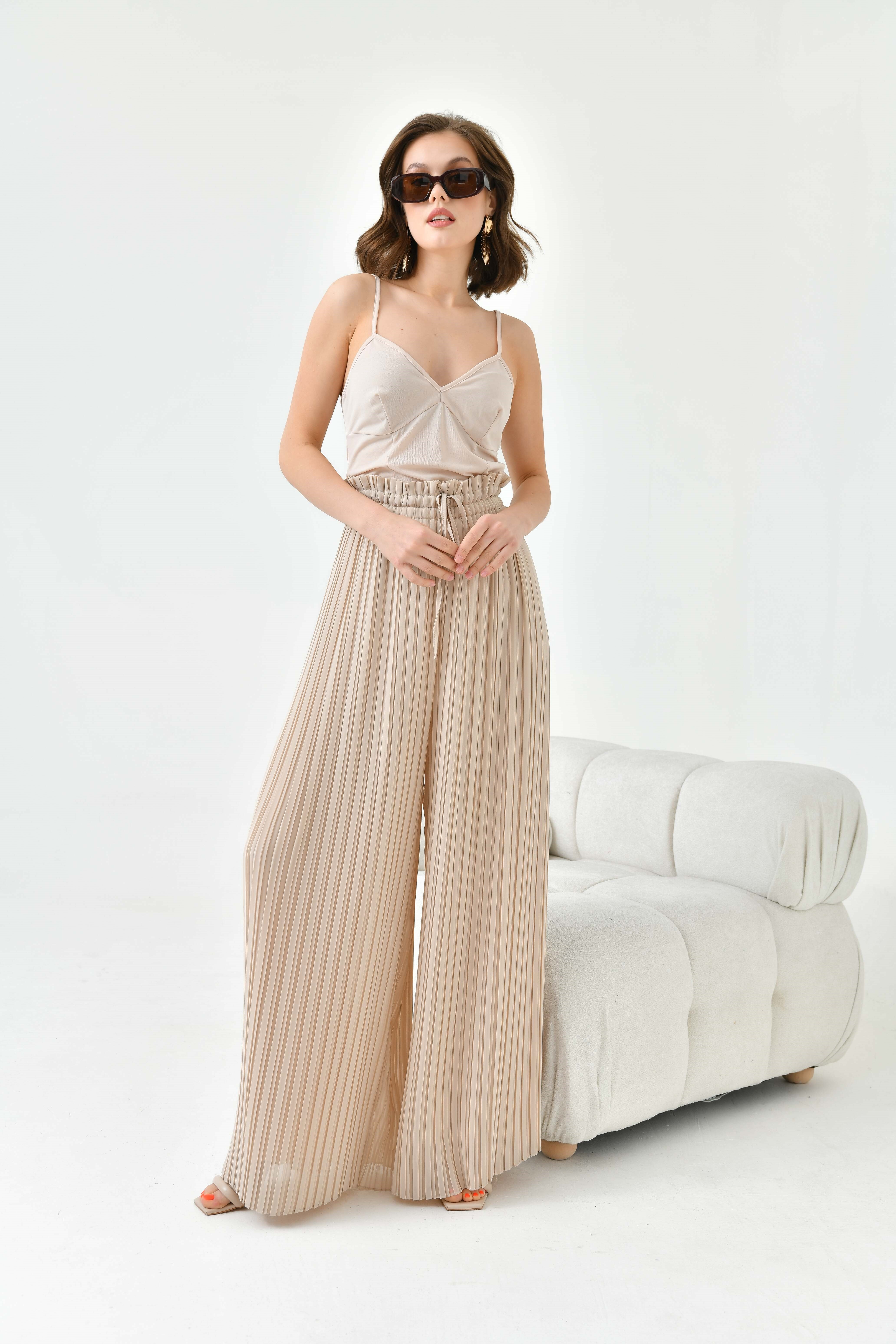 Firoy Kadın Şifon Pliseli Pantolon  Beige