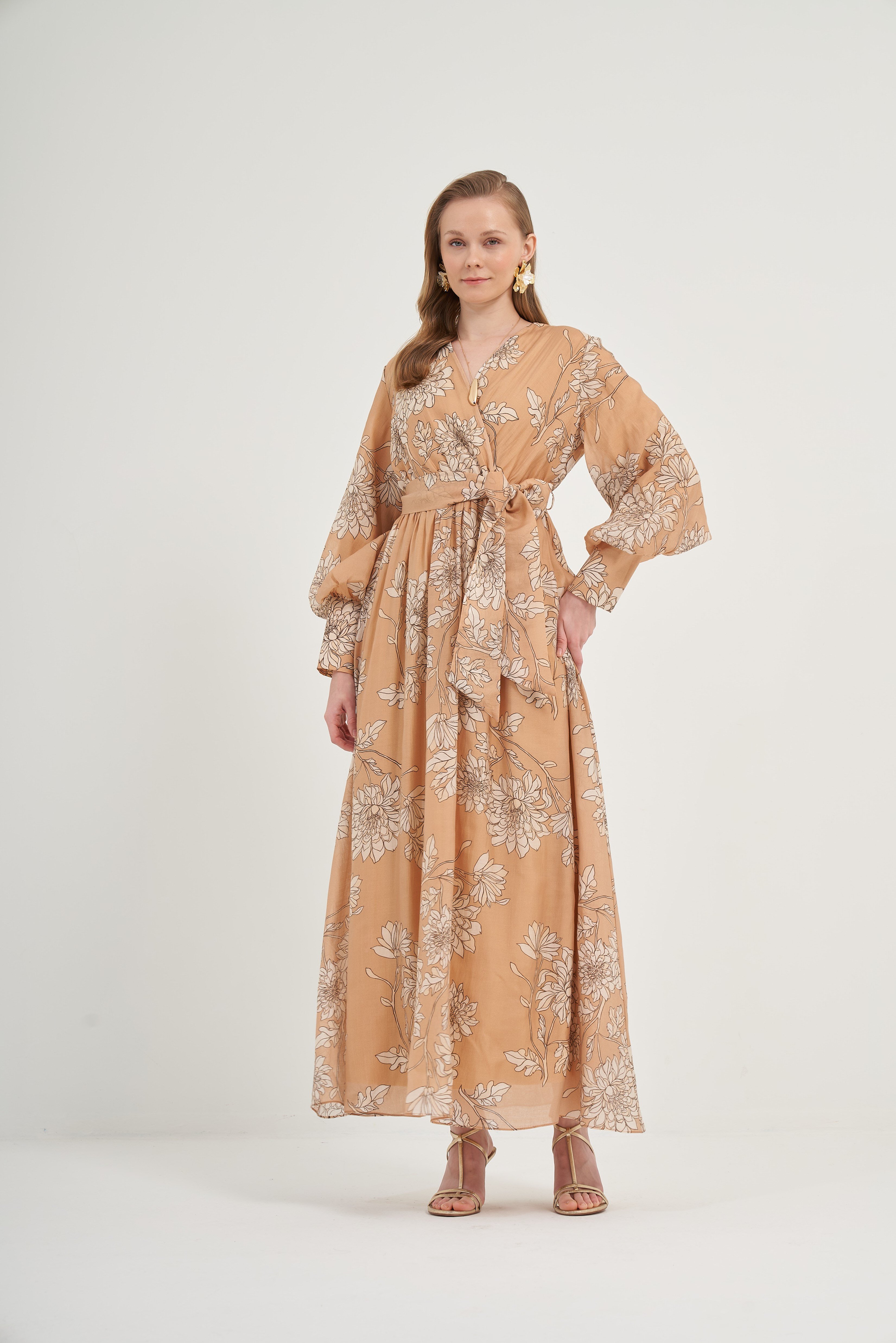 Firoy Kadın Tansel Desenli Elbise  Camel
