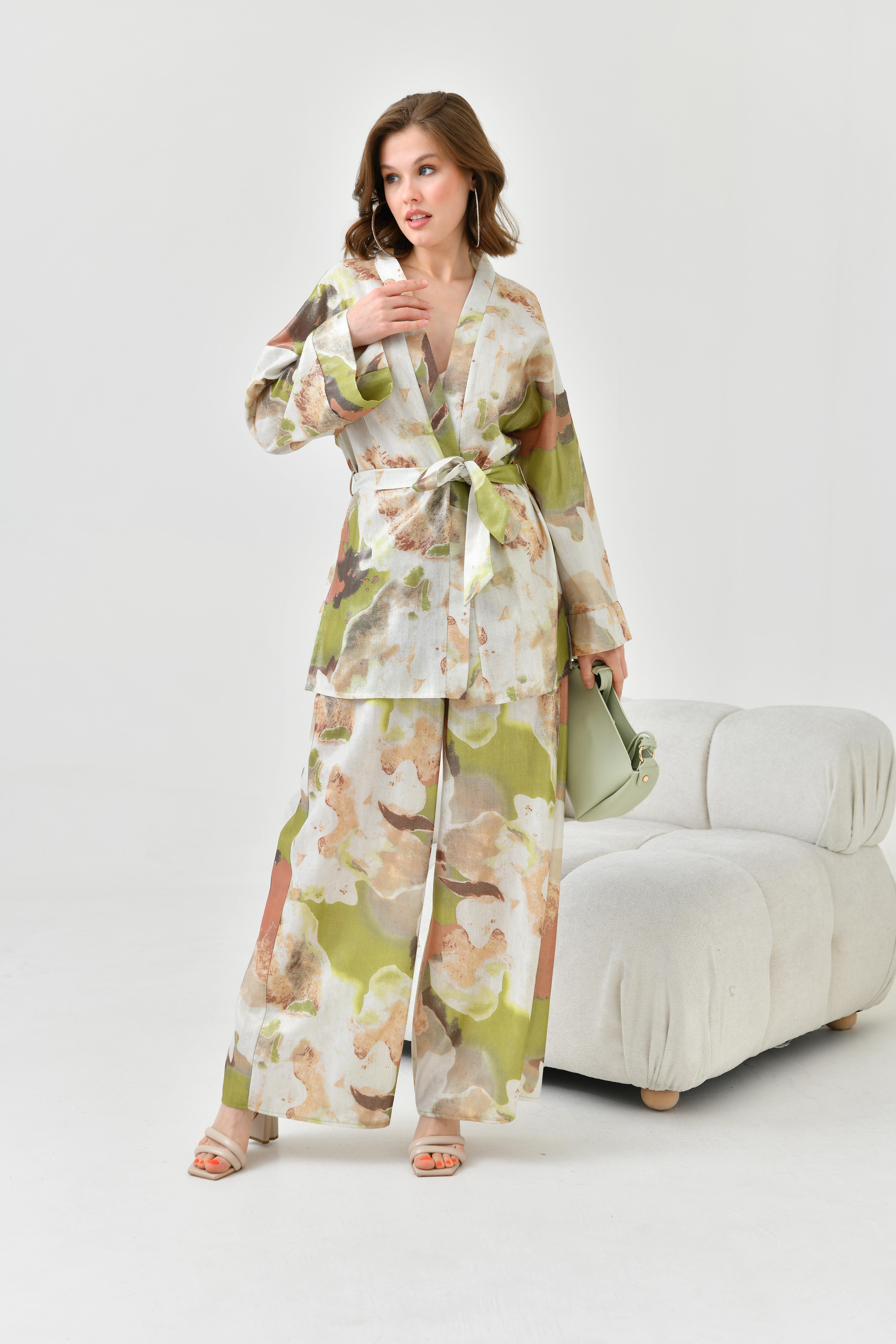 Firoy Kadın Varak Detay Kimono Takım  Olive
