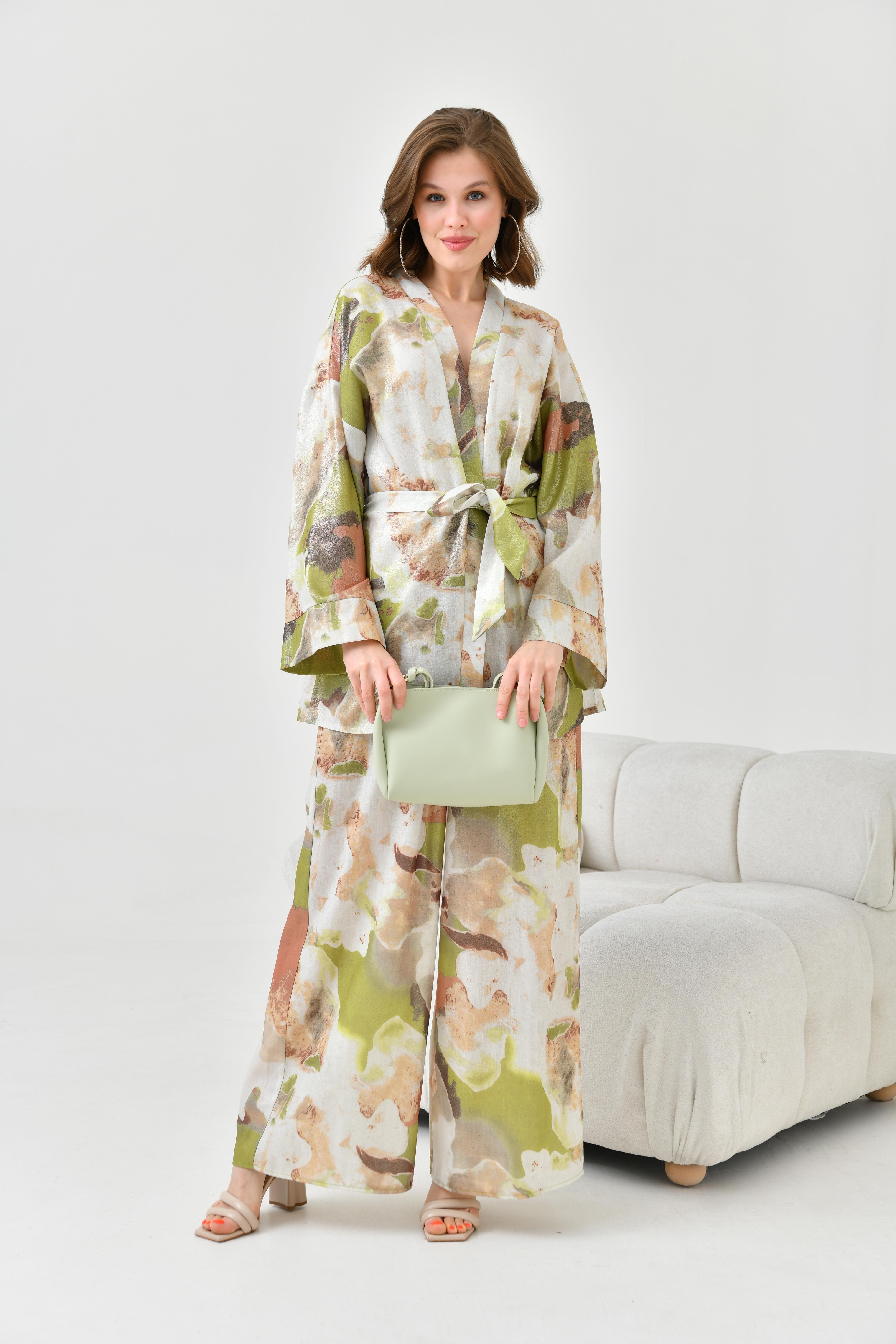 Firoy Kadın Varak Detay Kimono Takım  Olive