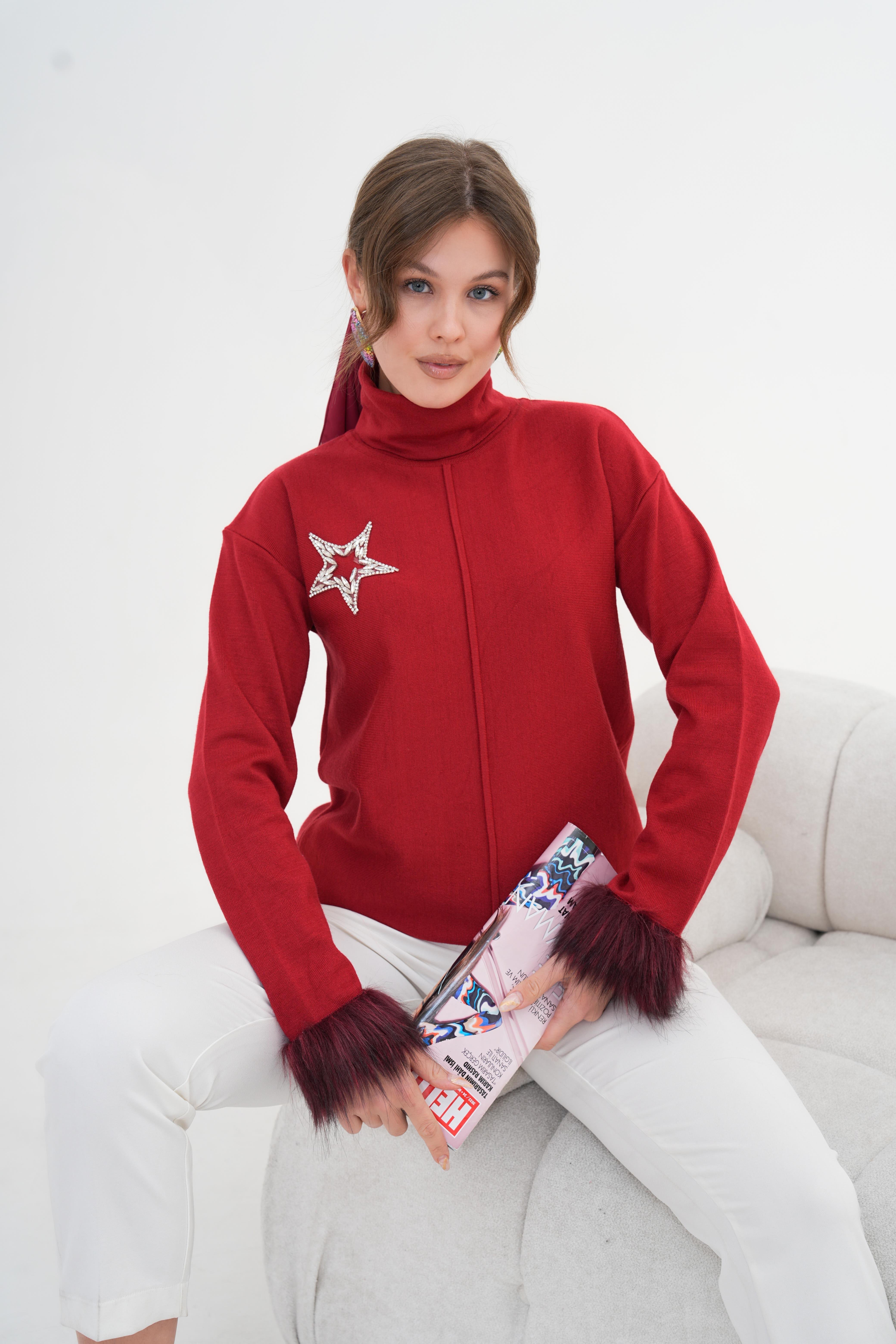 Firoy Kadın Yapıştırma Taş Detaylı Bluz  Bordo