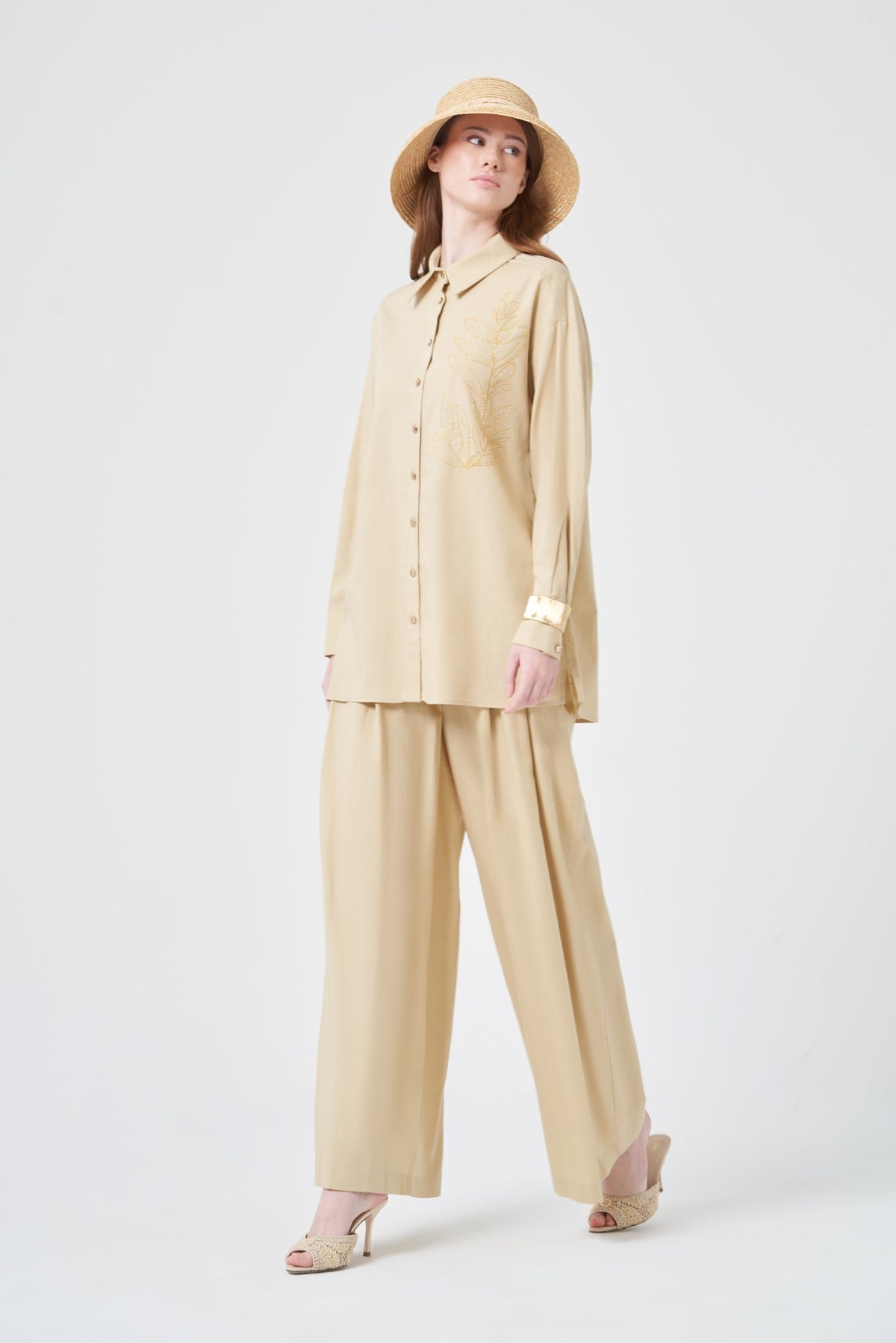 Firoy Kadın Zincir İşleme Tencel Keten Takım  Beige