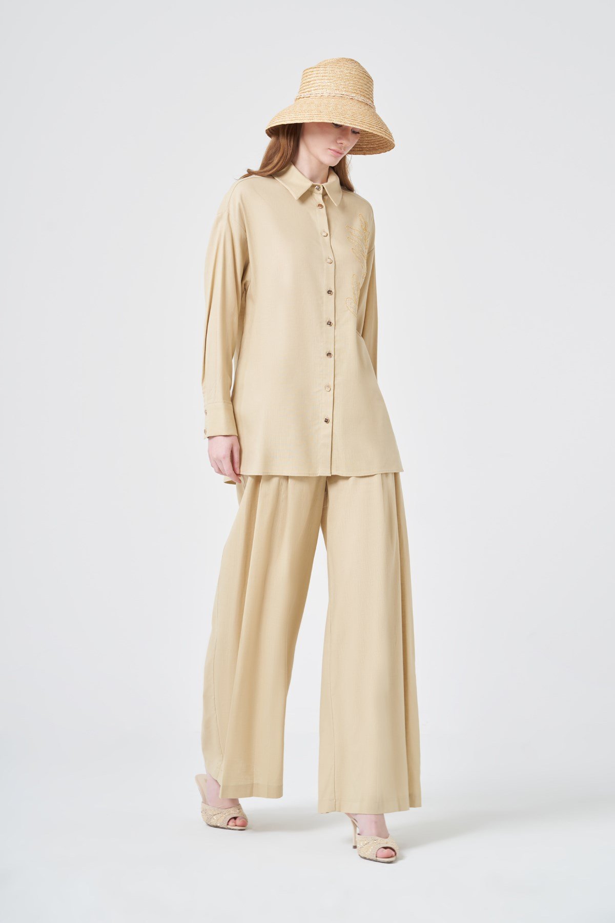 Firoy Kadın Zincir İşleme Tencel Keten Takım  Beige