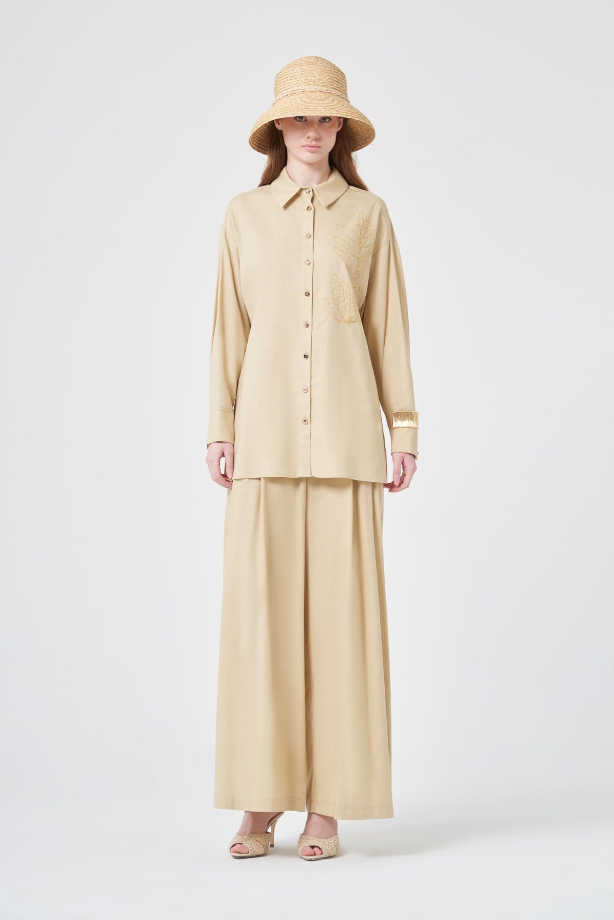 Firoy Kadın Zincir İşleme Tencel Keten Takım  Beige