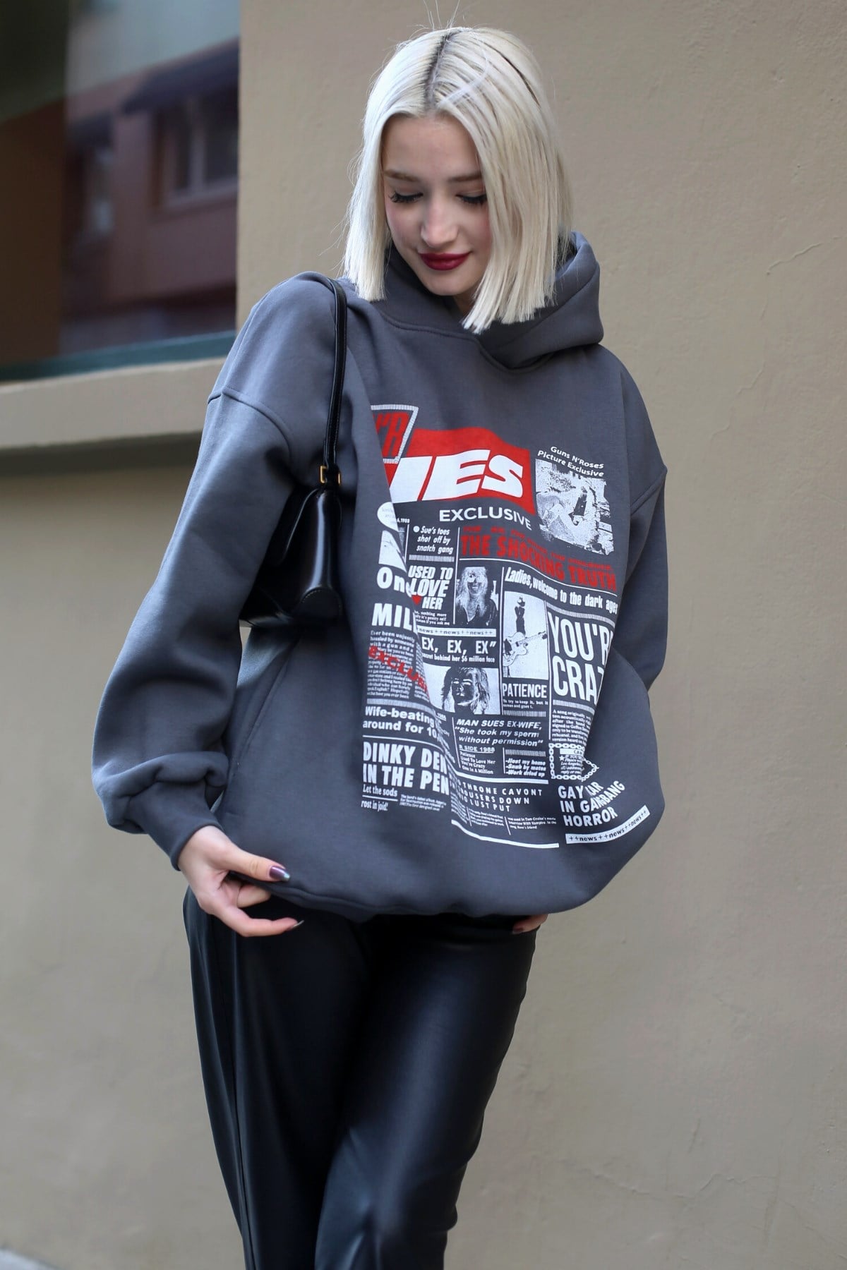 Antrasit Baskılı Oversize Kapüşonlu  Kadın Sweatshirt MG1581
