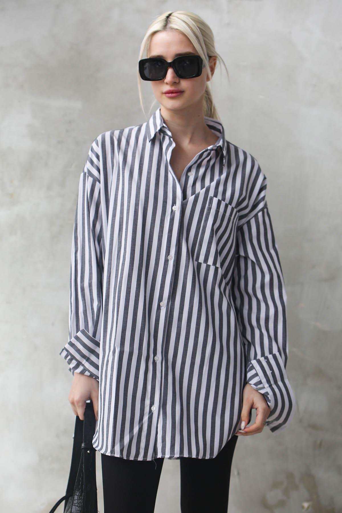 Antrasit Çizgili Oversize Kadın Gömlek MG1688