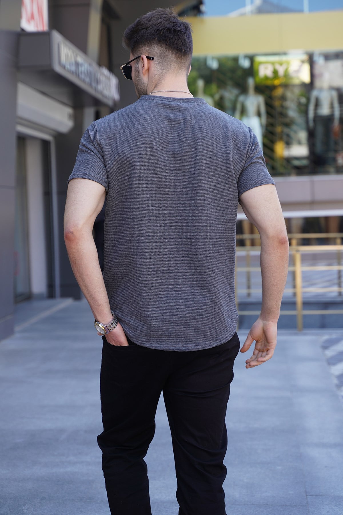 Antrasit Waffle Kumaş Basic Tişört 5883