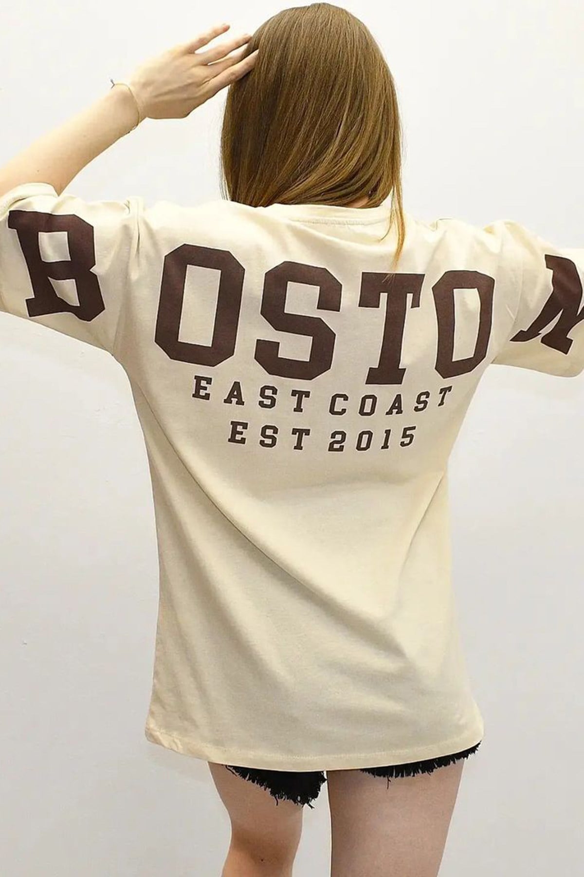Bej Baskılı Oversize Kadın Tişört MG1529