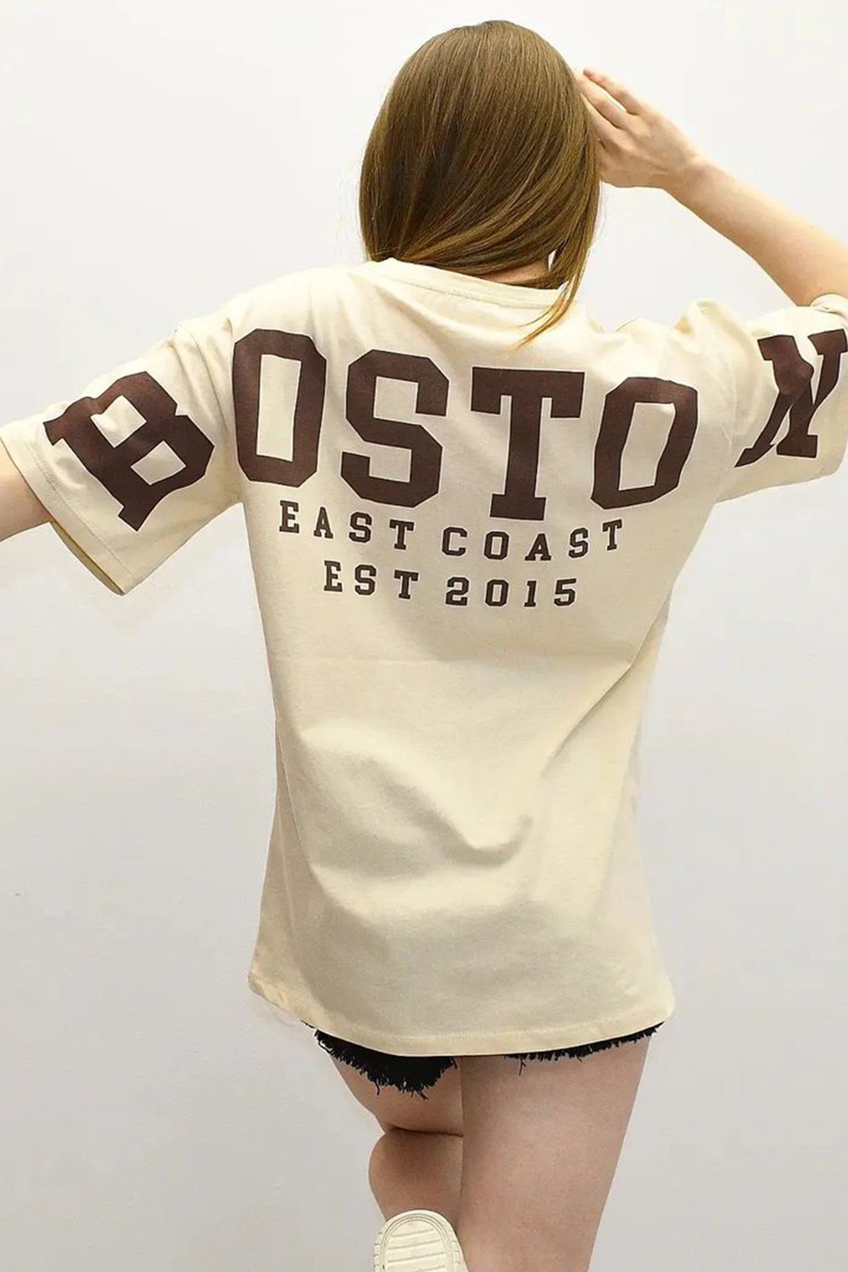 Bej Baskılı Oversize Kadın Tişört MG1529