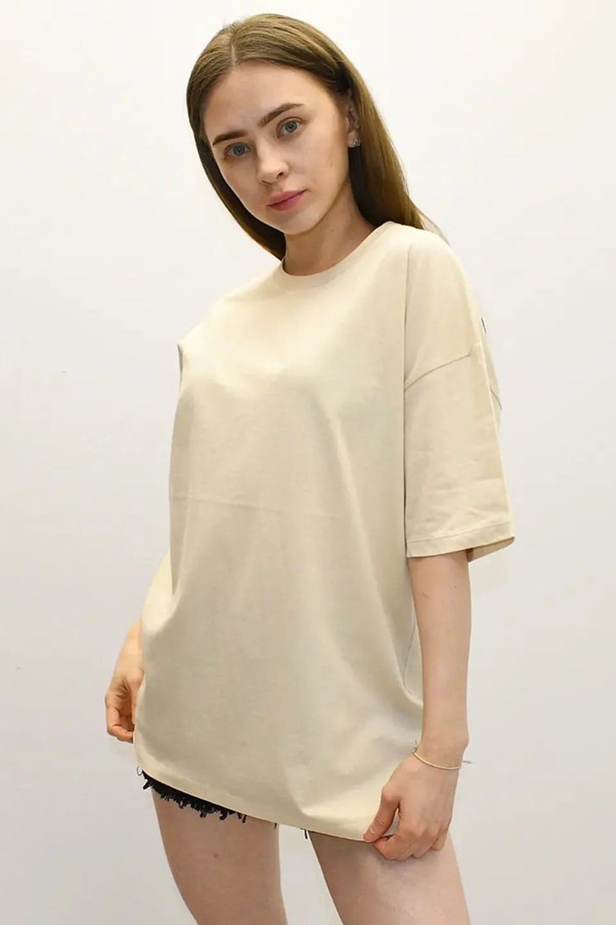 Bej Baskılı Oversize Kadın Tişört MG1529