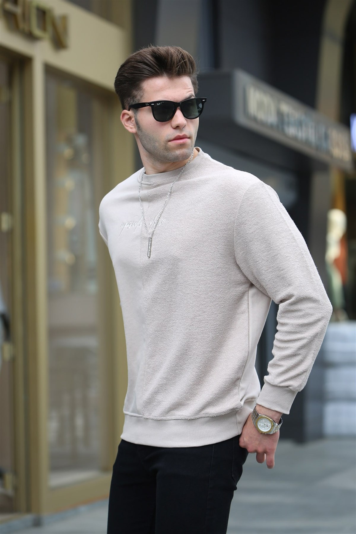 Bej Basic Erkek Sweatshirt 6010
