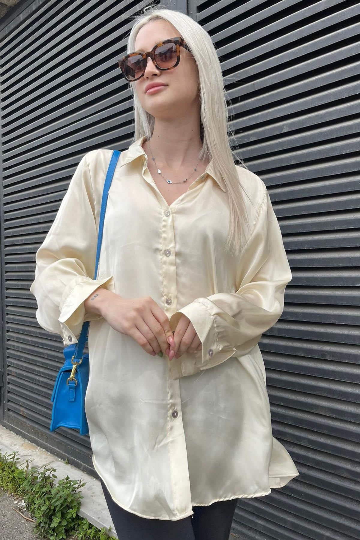 Bej Basic Kadın Saten Gömlek MG1326