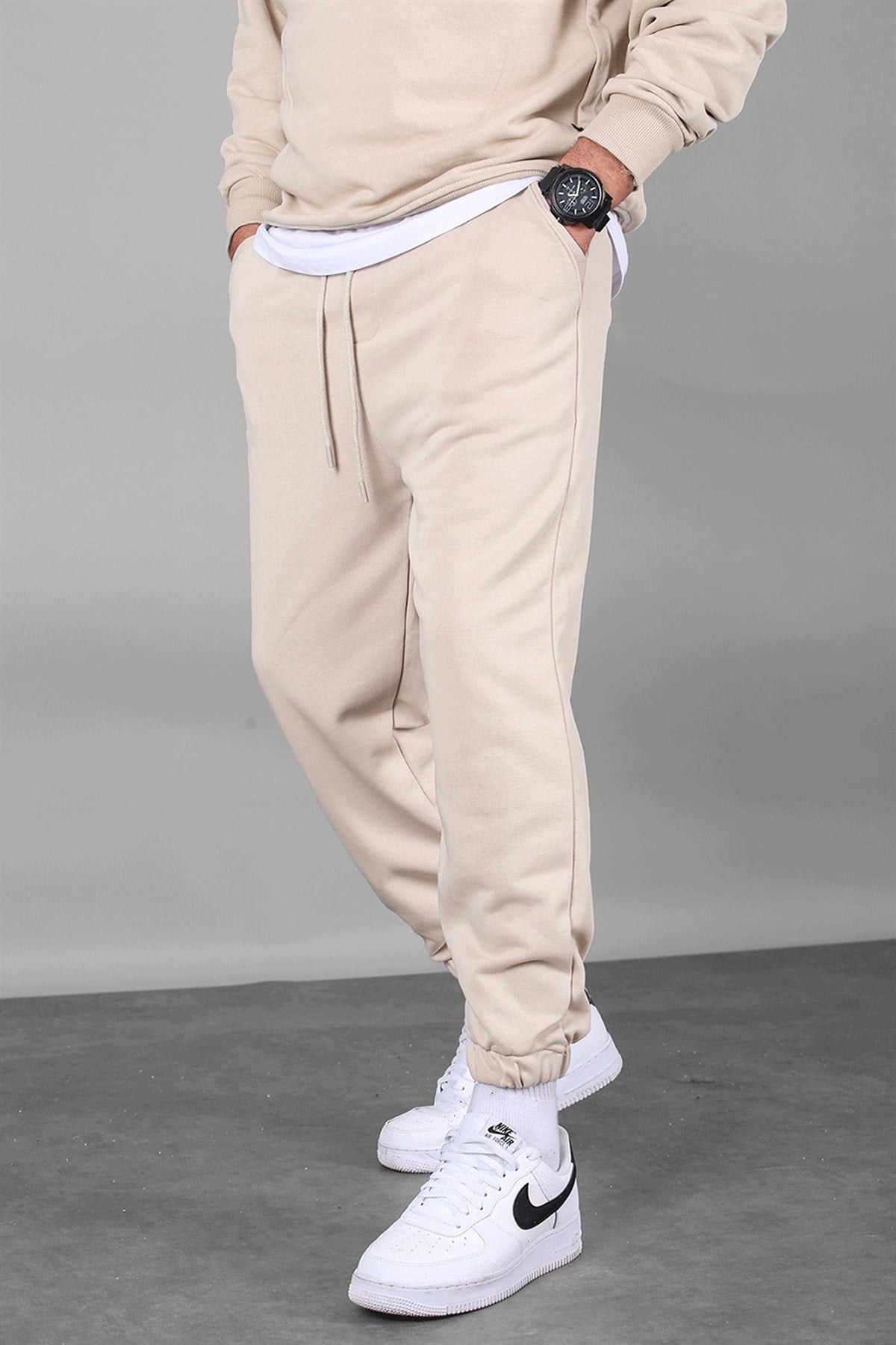 Men Beige Basic Jogger Trousers