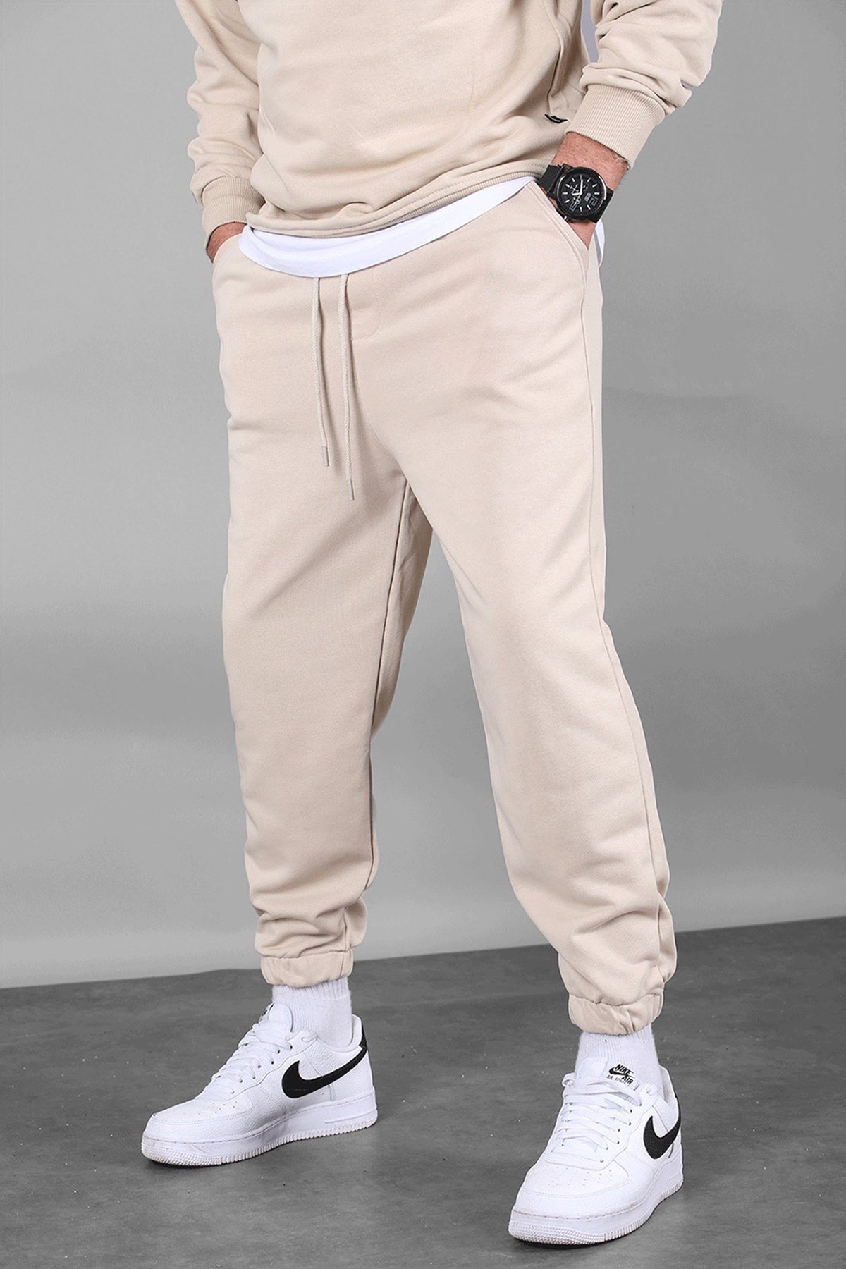 Men Beige Basic Jogger Trousers